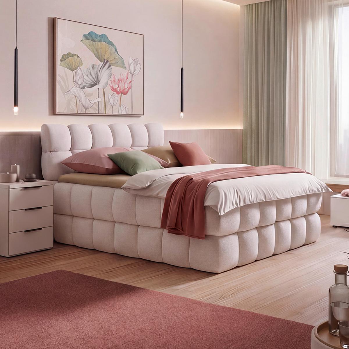 Boxspring postel BUBBLE BOX 180/200 cm, krémová - černá/krémová, Konvenční, kov/dřevo (180/200cm) - Premium Living