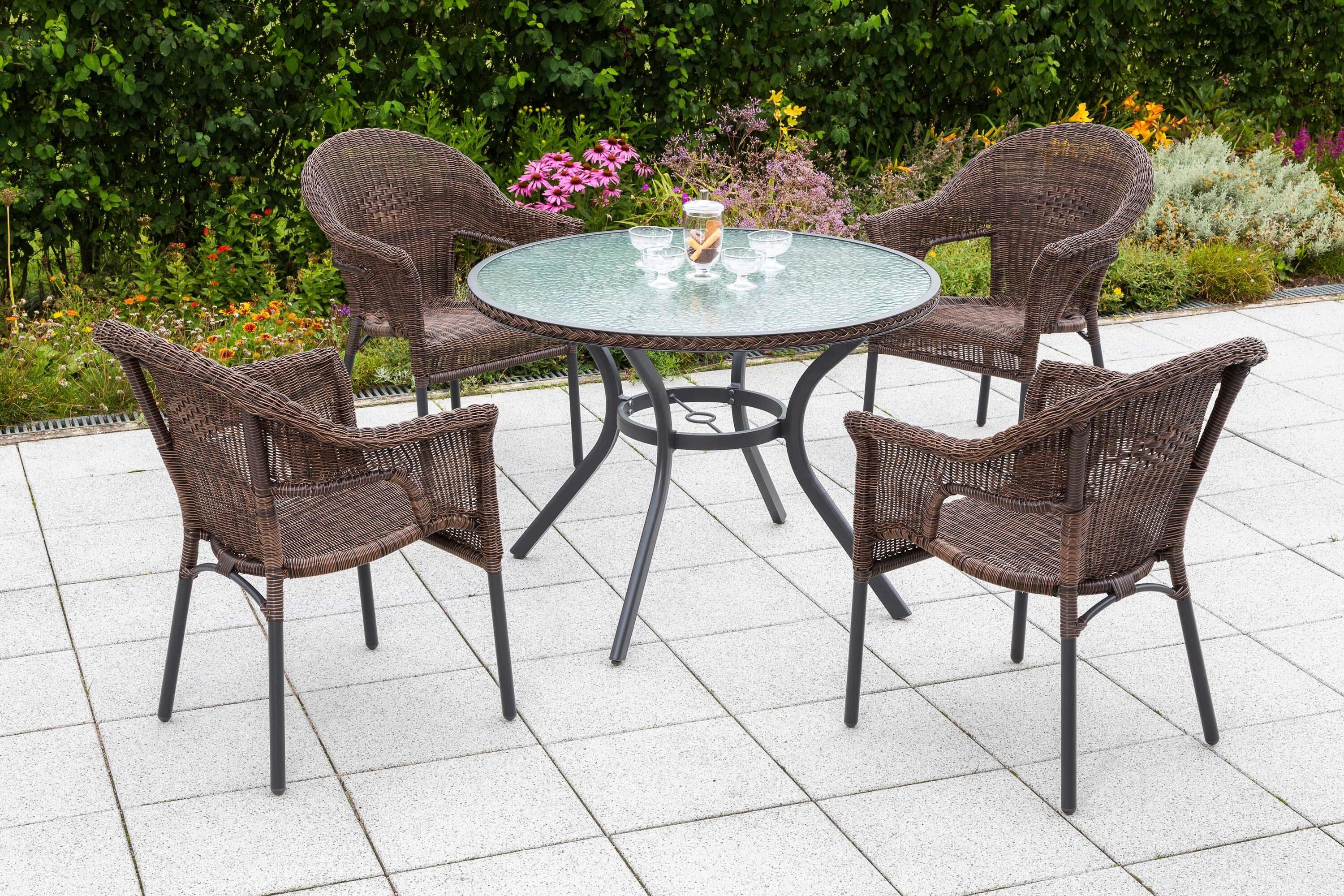 Gartentischgruppe Ravenna 5-tlg. aus Kunststoffgeflecht - Dunkelbraun/Graphitfarben, KONVENTIONELL, Glas/Kunststoff - Gardenson