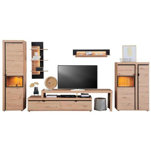 Wohnkombination 5--Teilig. mit LED Nyon, Eiche Dekor/Schwarz