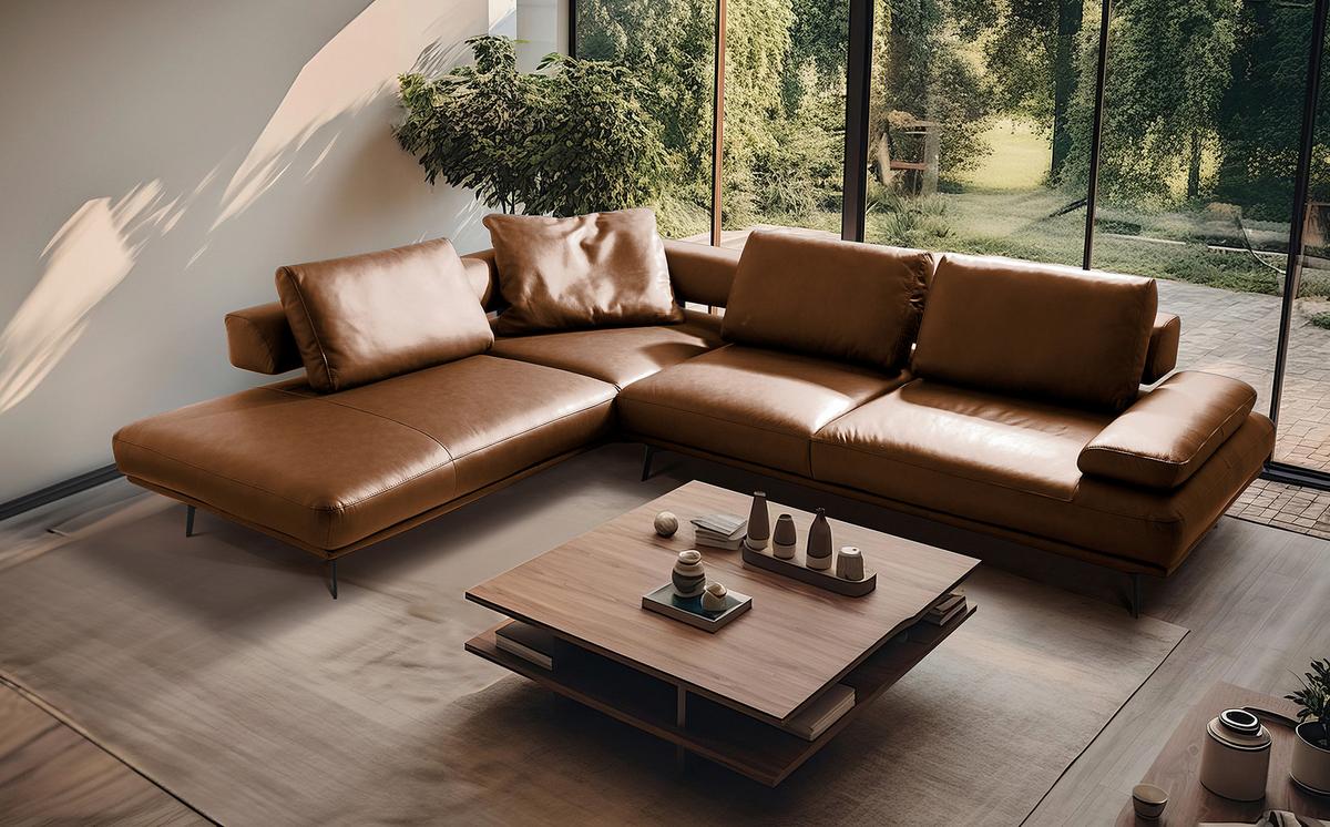 Ecksofa Como Echtleder Cognac 237x306 - Cognac/Schwarz, Design, Leder (237/306cm) - Livetastic