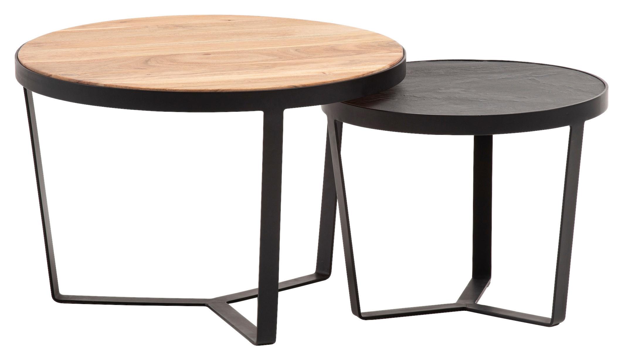 Sada konferenčných stolíkov akácia - hnedá/čierna, Lifestyle, kov/drevo (60/60/40cm) - MID.YOU