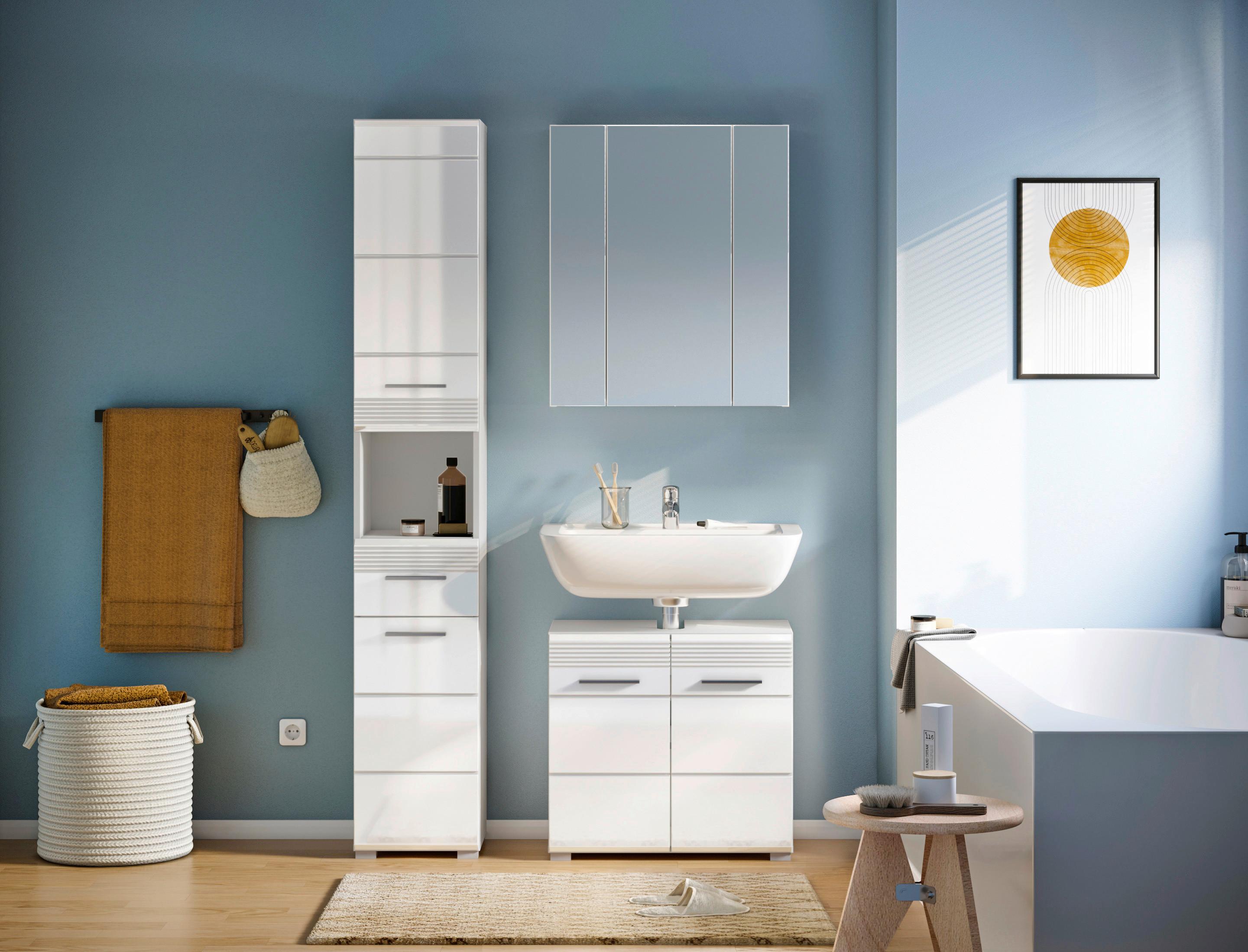 Badezimmer Linus Weiß Hochglanz B: 90 cm - Weiß Hochglanz/Silberfarben, MODERN, Glas/Holzwerkstoff (90cm) - MID.YOU