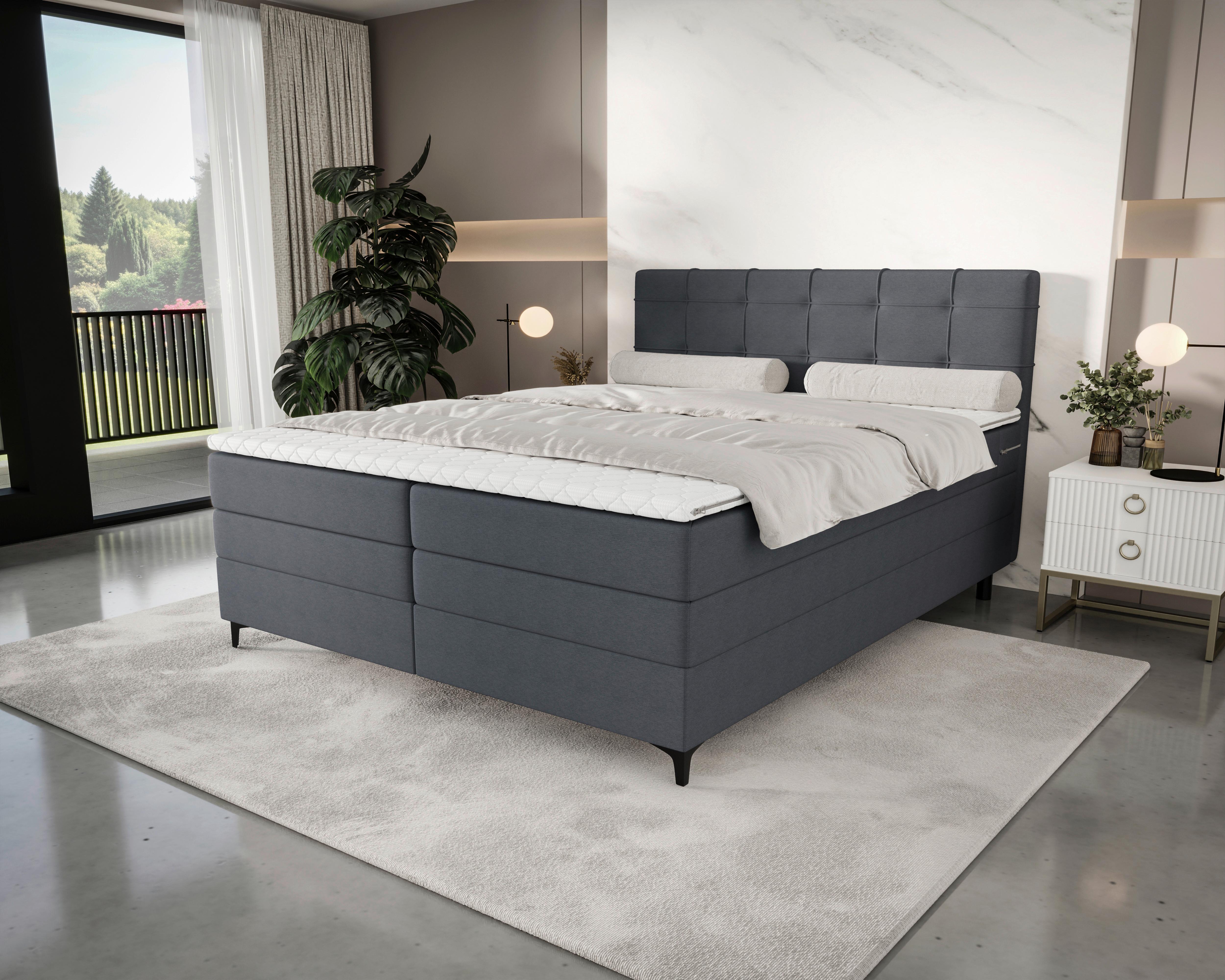 Boxspringbett Mitto mit Topper 180x200 cm - Blaugrau/Schwarz, KONVENTIONELL, Textil/Metall (180/200cm)
