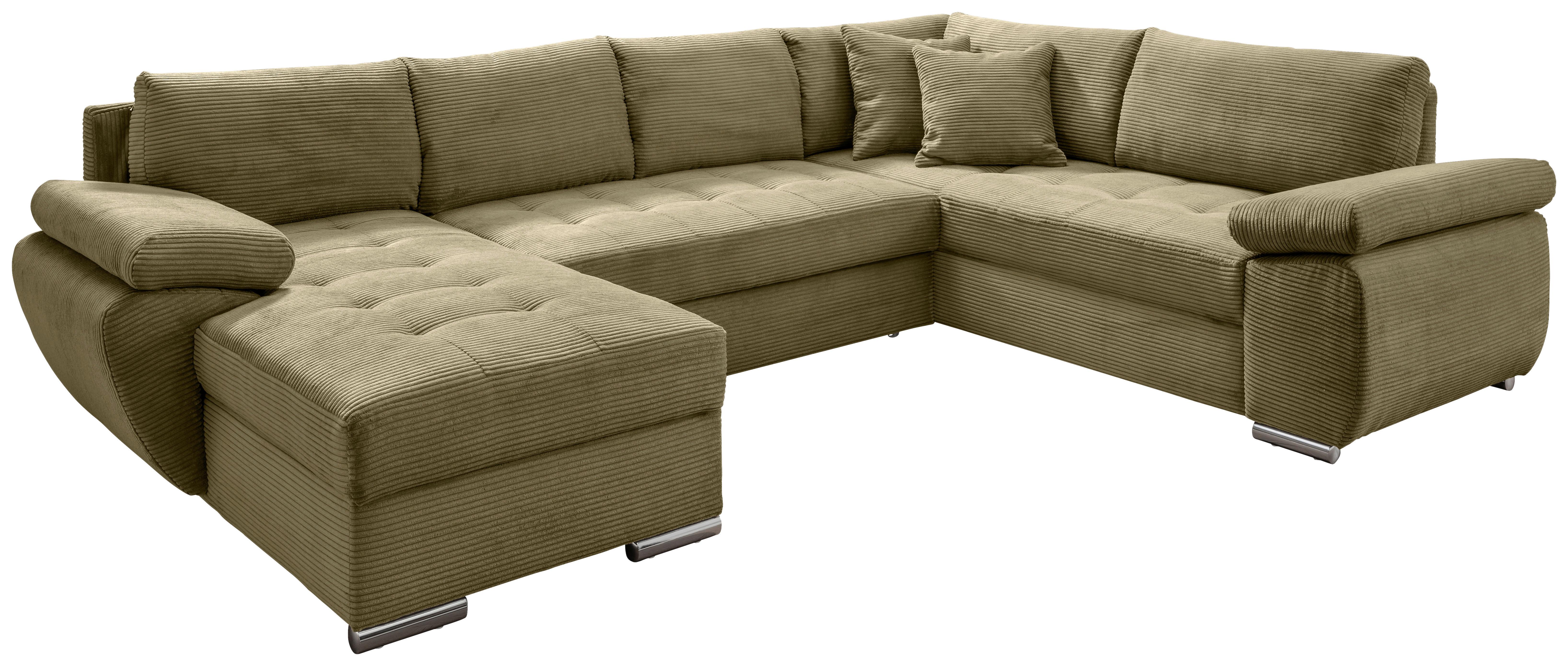 Wohnlandschaft Terana mit Schlaffunktion, Olivgrün - Chromfarben/Olivgrün, KONVENTIONELL, Textil (157/305/219cm) - Livetastic