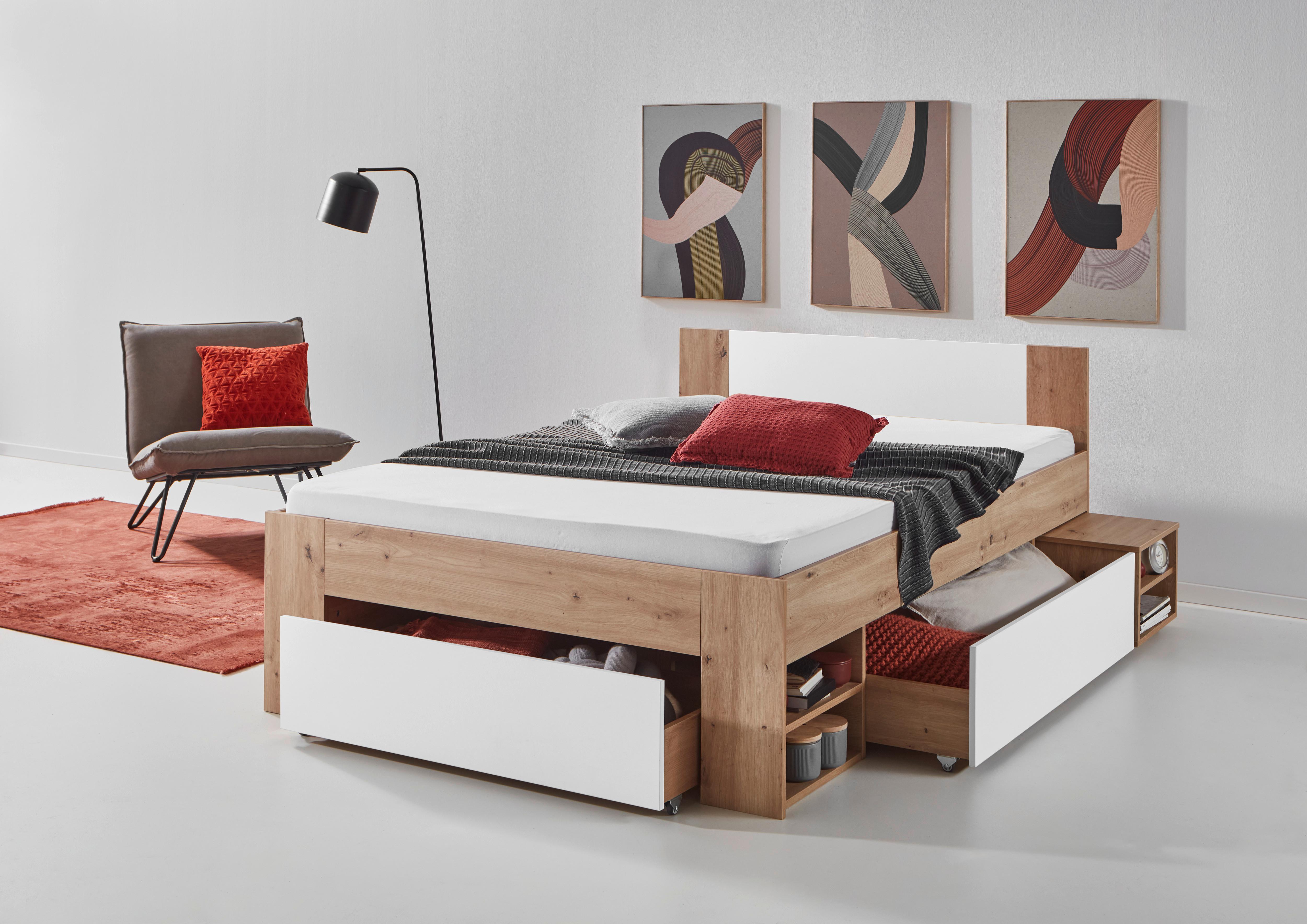 Stauraumbett mit Bettladen 140x 200cm Azurro Weiß/Eiche - Eiche Artisan/Weiß, MODERN, Holzwerkstoff (140/200cm)
