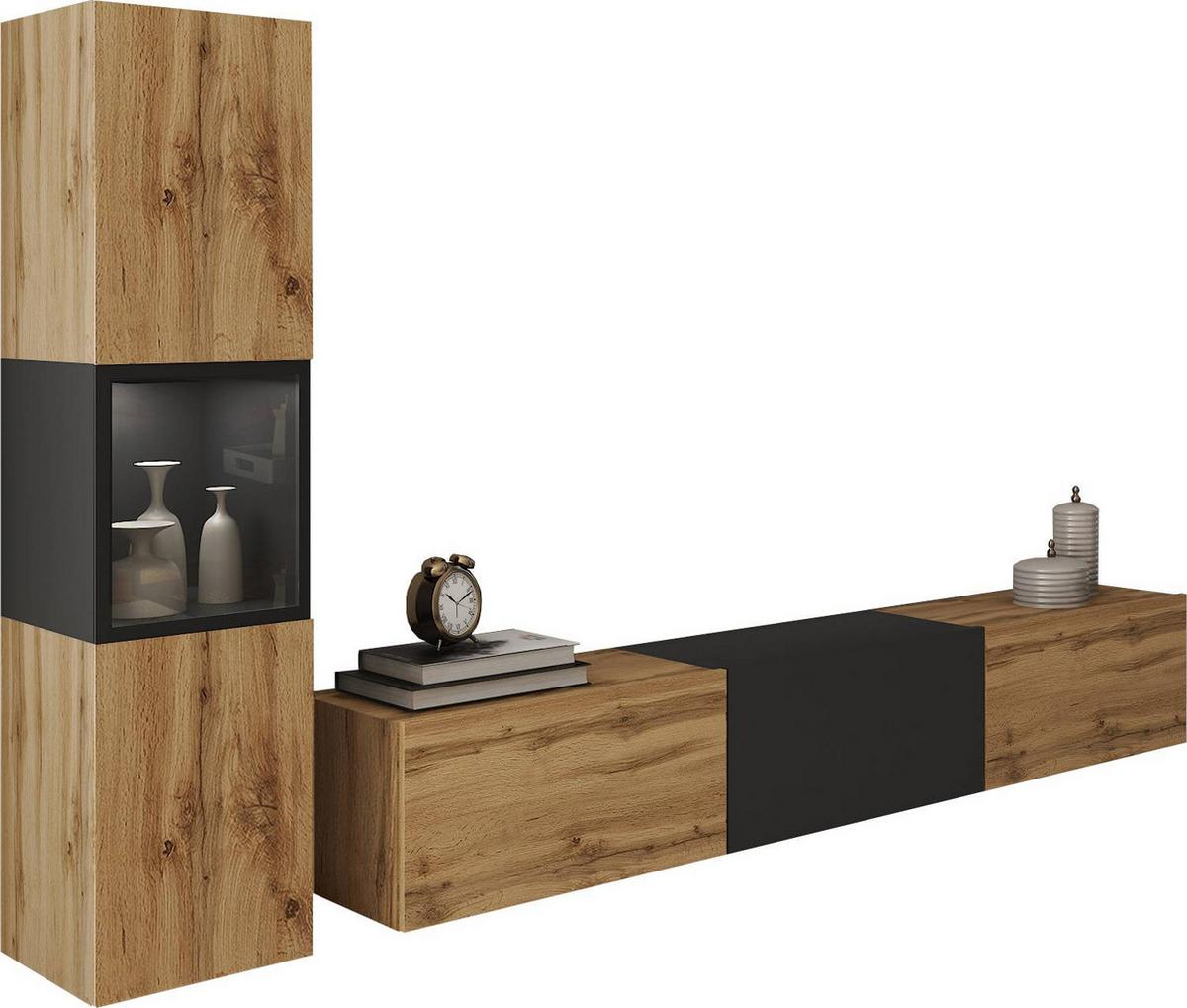 Wohnwand Berlin I Eiche Wotan/Schwarz B: 210 cm - Eiche Wotan/Schwarz, Design, Glas/Holzwerkstoff (210/130/32,5cm) - MID.YOU