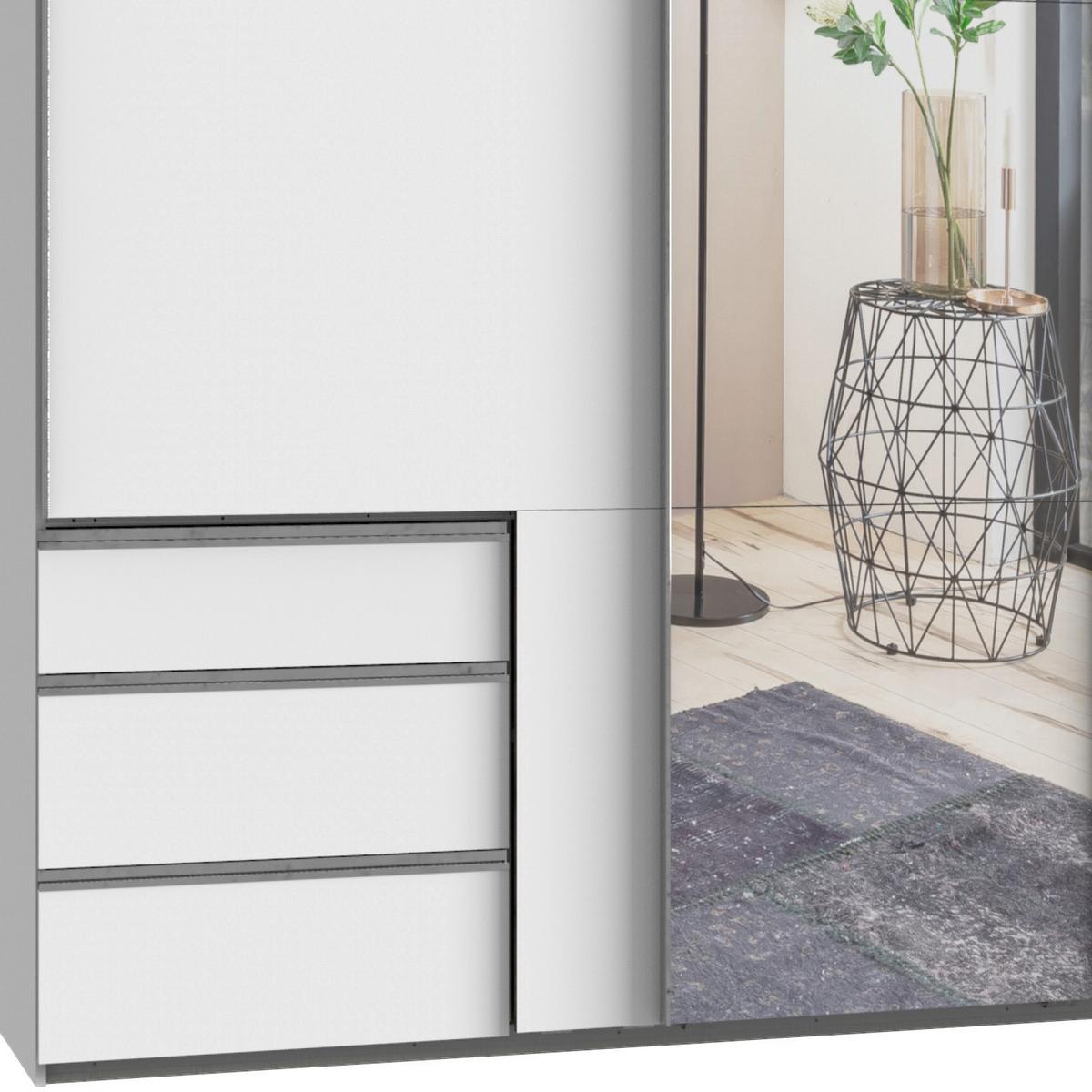 Schwebetürenschrank Mit Spiegel + Laden 350cm Level 36a, Weiß - Silberfarben/Weiß, Basics, Holzwerkstoff (350/216/65cm) - MID.YOU