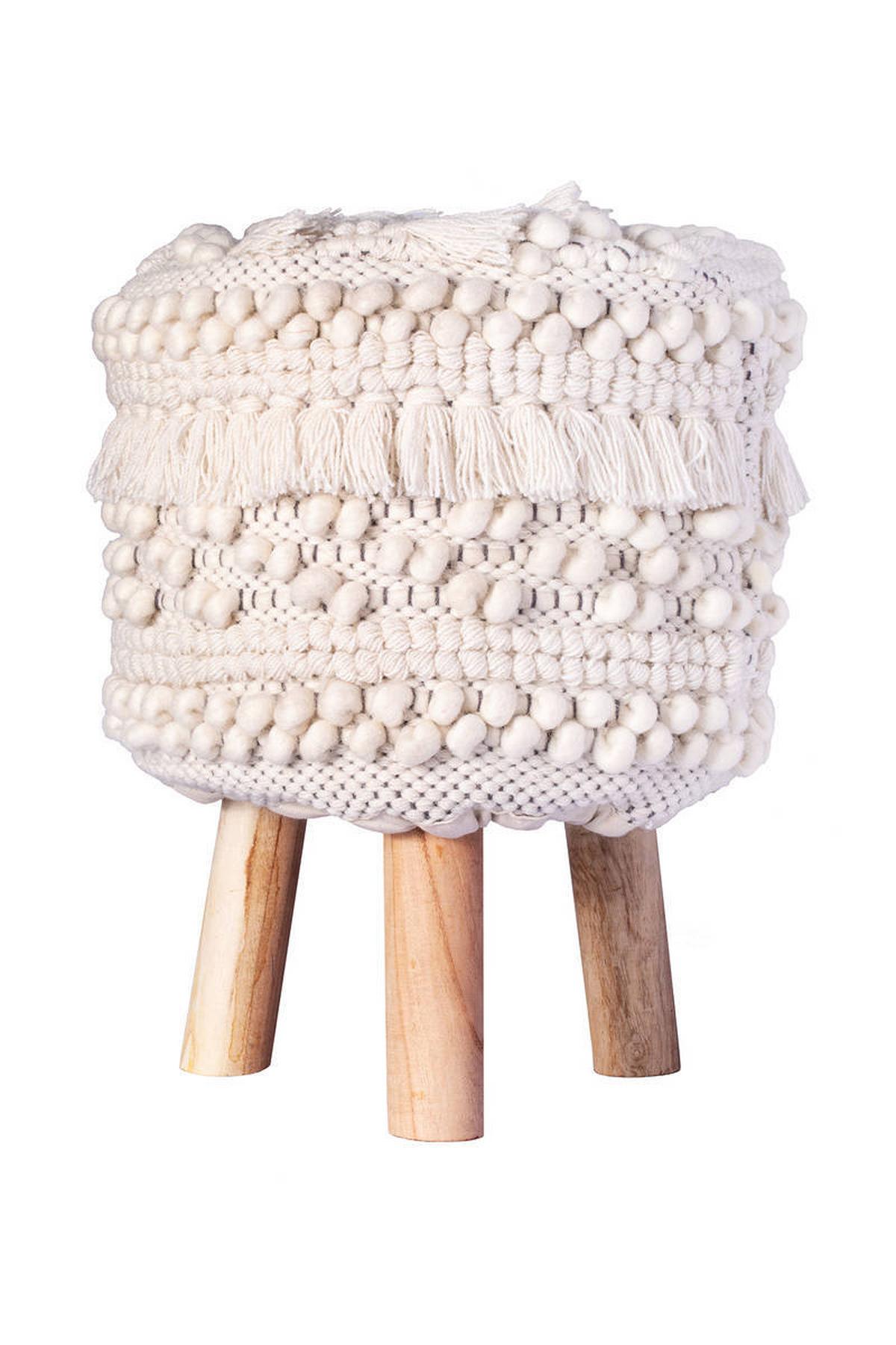 Hocker Bohist Makramee/ Echtholz Weiß H: 50 cm - Weiß, Trend, Holz/Textil (38/50/38cm) - Kayoom