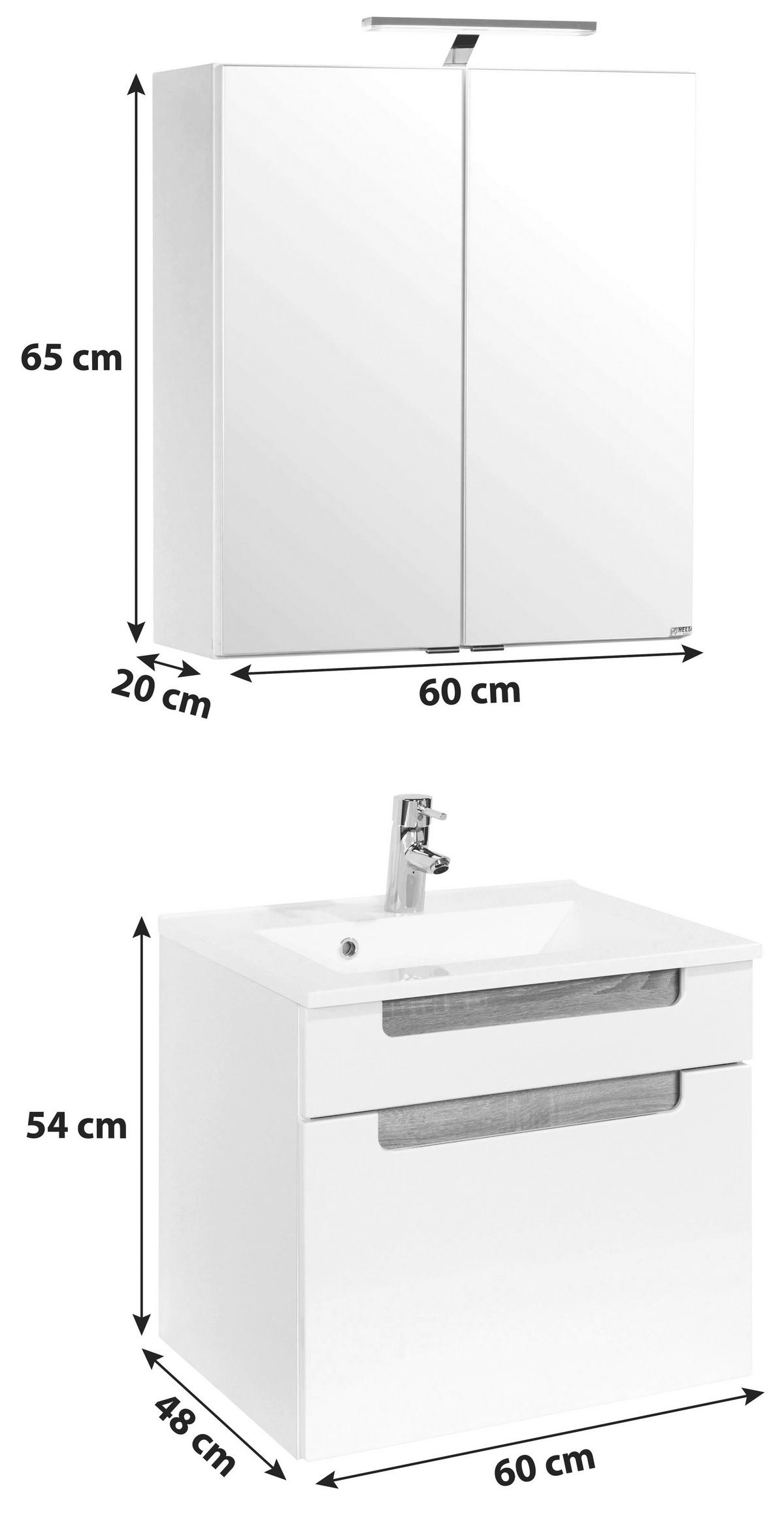 Badmöbel-set 3-tlg. Inkl. Led Siena B: 60cm, Weiß + Eiche - Weiß/Sonoma Eiche, MODERN, Holzwerkstoff/Stein (60cm) - Held