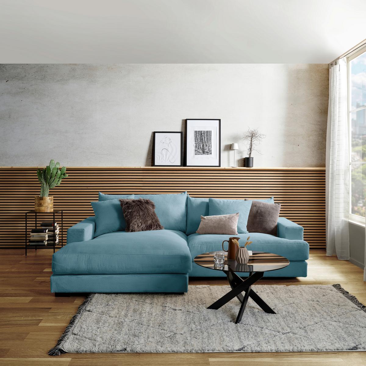 Ecksofa Pelle mit Kissen Türkis Cord 180x265 cm - Türkis/Schwarz, MODERN, Textil (180/265cm)