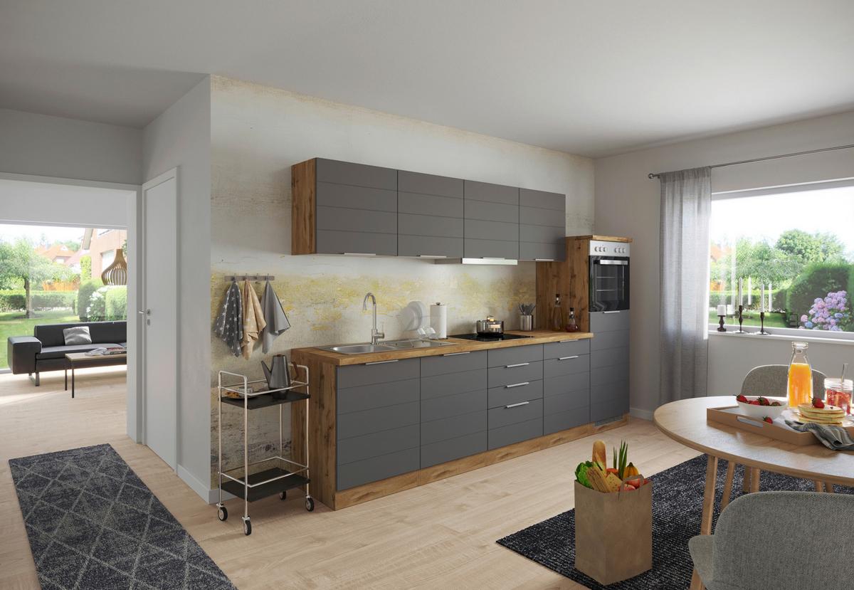 Küchenzeile Florenz ohne Geräte 300 cm Grau/Eichef. - Eiche Wotan/Grau, Design, Holzwerkstoff (300cm) - Held