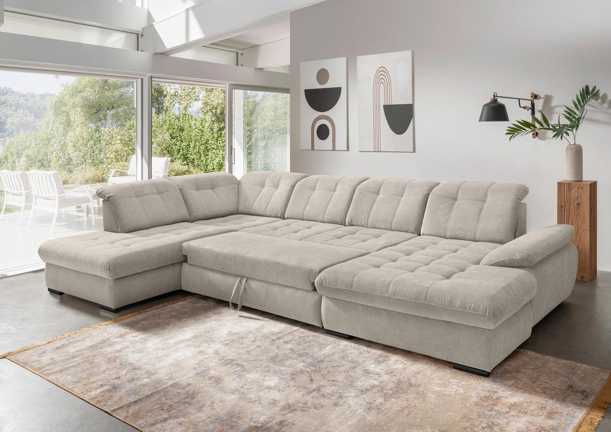 Wohnlandschaft Mit Bettkasten Rigatti Beige B: 387 Cm - Beige/Schwarz, MODERN, Textil (252/387/184cm) - Livetastic
