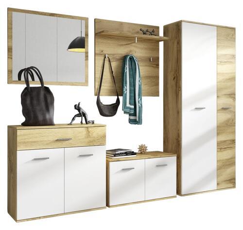 Garderobe Irys Eiche Dekor / Weiß 5-teilig mit Spiegel - Eichefarben/Weiß, Basics, Glas/Holzwerkstoff (240/190/35cm) - P & B