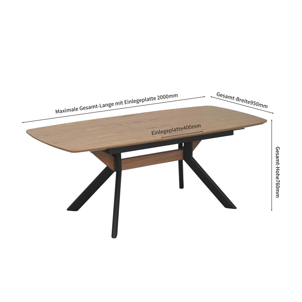Esstisch Riga Naturfarben/SchwarzL:160-200cm - Schwarz/Naturfarben, MODERN, Holzwerkstoff/Metall (160/200/95/76cm) - Livetastic