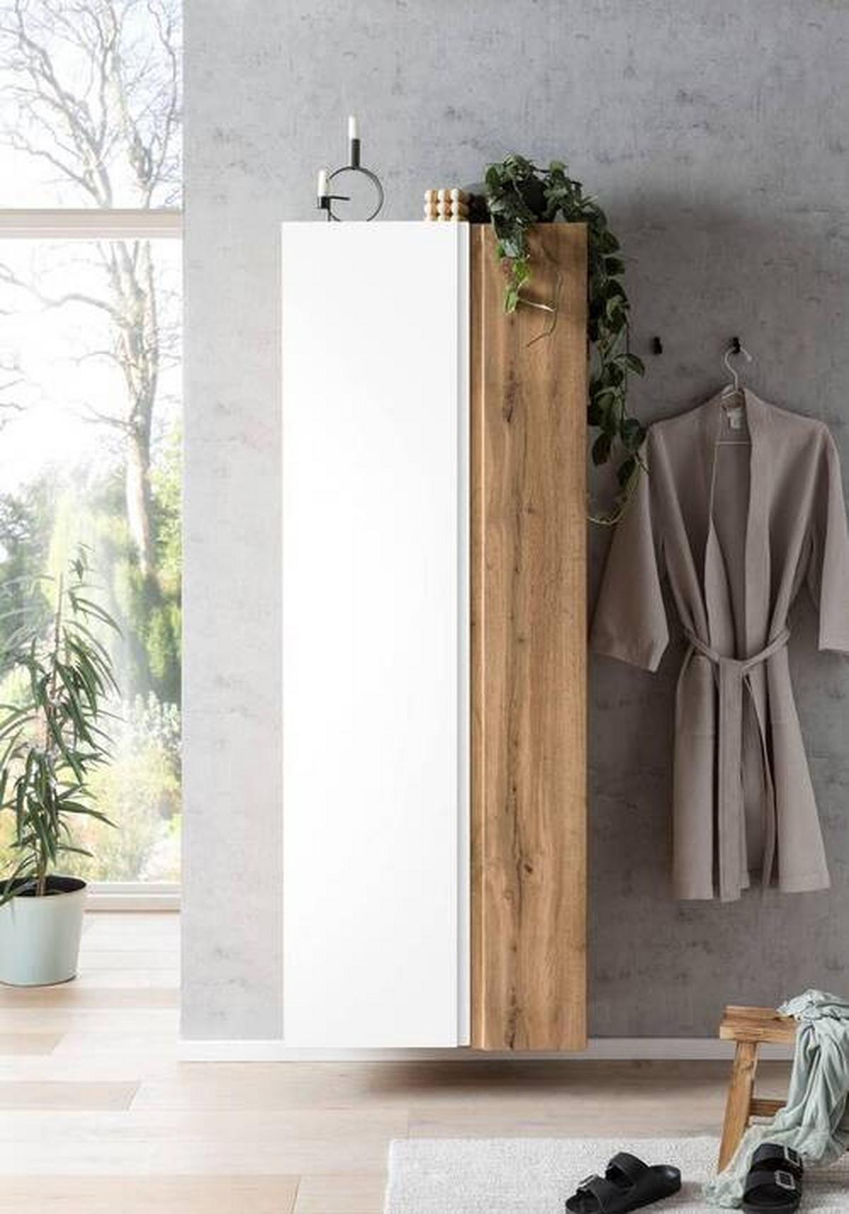 Badezimmer Hochschrank Varese BxH 65x180 cm Weiß/Eiche Dekor - Eiche Wotan/Weiß, MODERN, Holzwerkstoff (65/180/35cm) - Held
