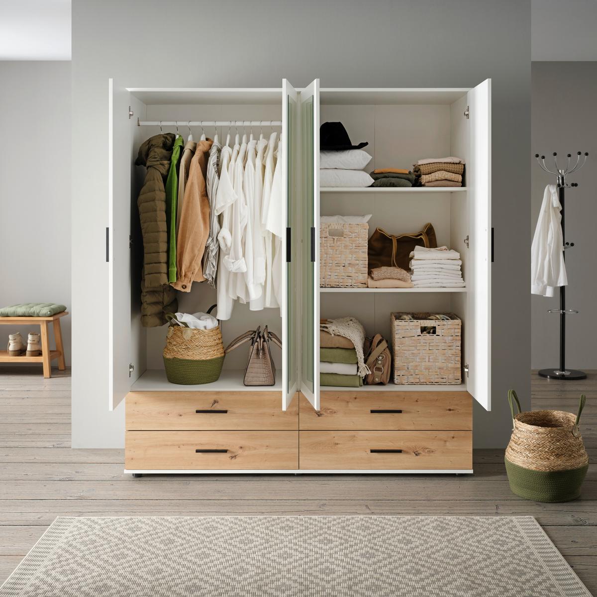 Šatní skříň se zrcadlem a zásuvkami Rasant, bílá/dub - bílá/černá, Konvenční, kompozitní dřevo/plast (168/188/52cm)