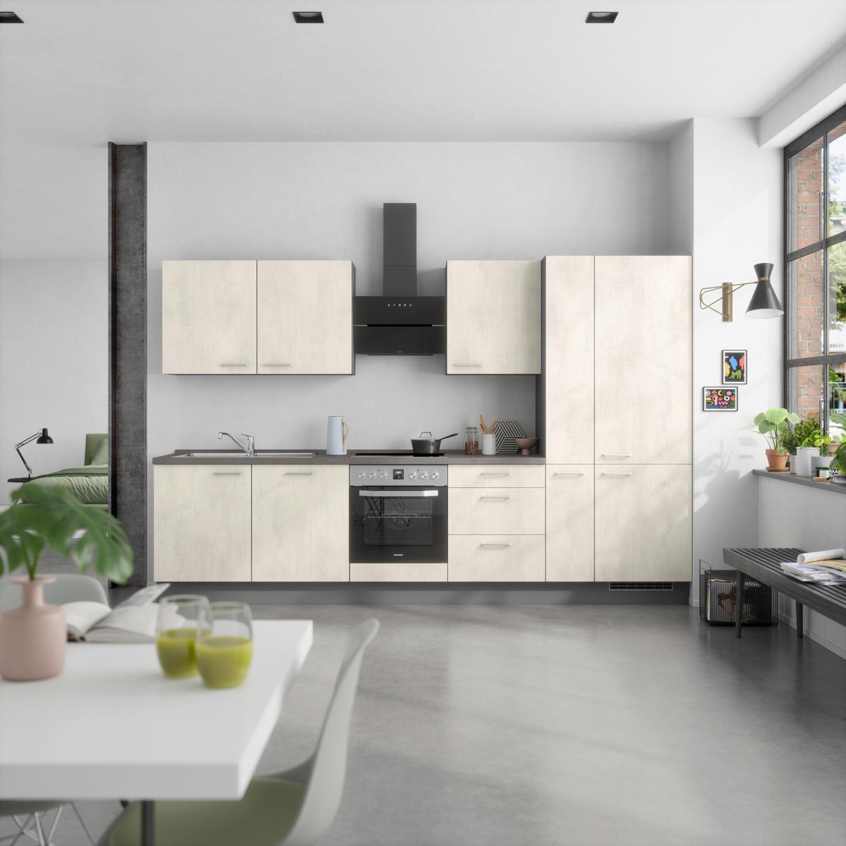 Kuchynská linka 330CM biely betón/ bridlicová šedá - biela/farba ušľachtilej ocele, Modern, kov/kompozitné drevo (330cm) - Nobilia