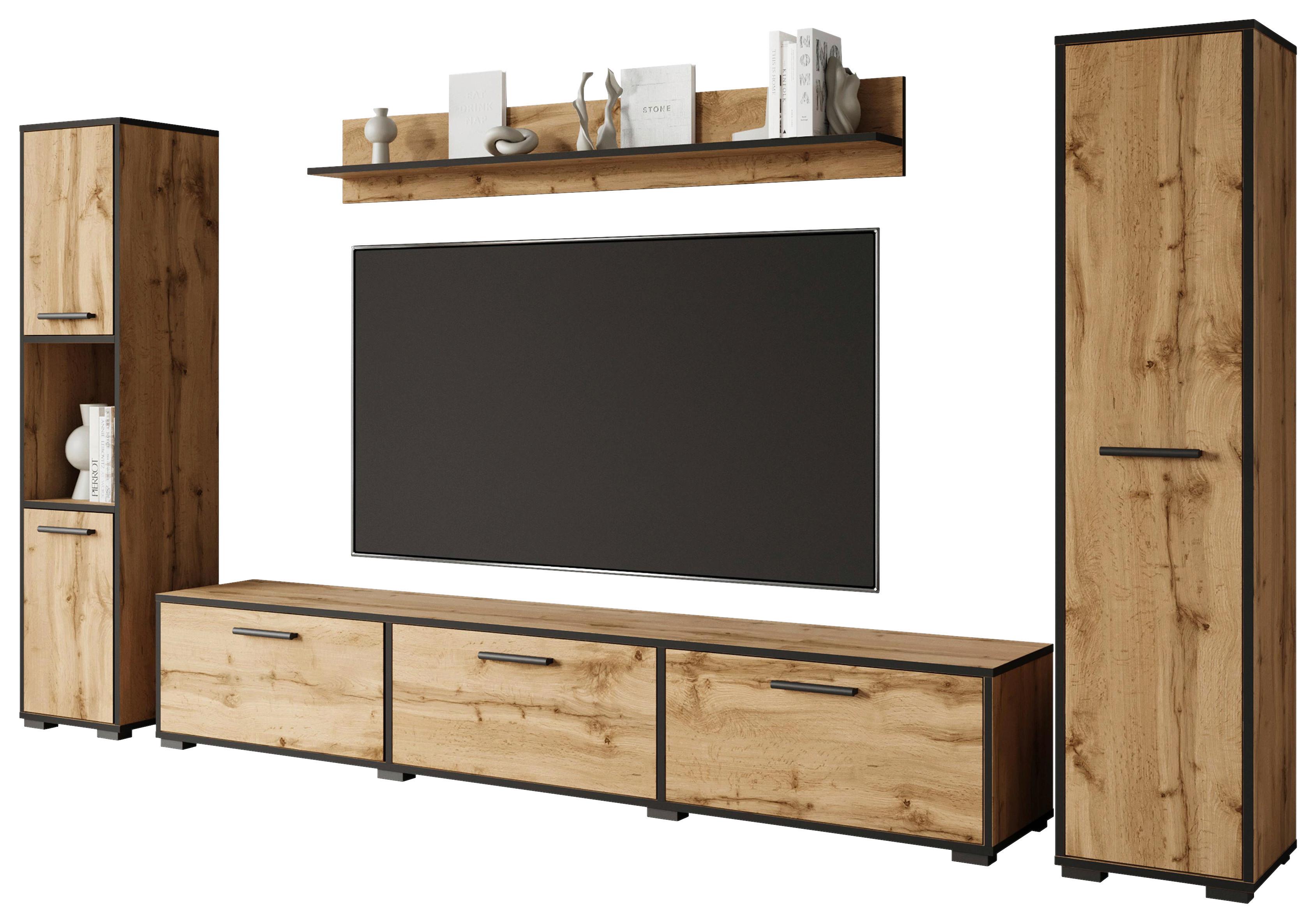 Wohnwand 4 tlg. Bogota XL Wotan Eiche Dekor - Eiche Wotan/Schwarz, Basics, Holzwerkstoff (240/130/31cm) - P & B
