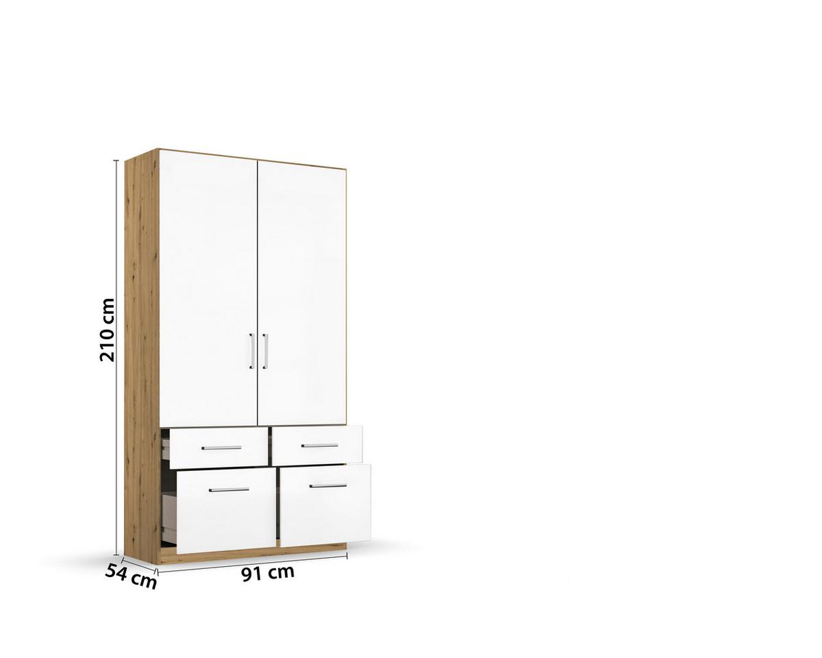 Drehtürenschrank 91 cm Berlin Eiche Dekor/Weiß - Weiß Hochglanz/Eiche Artisan, MODERN, Holzwerkstoff (91/197/54cm) - Rauch Möbel