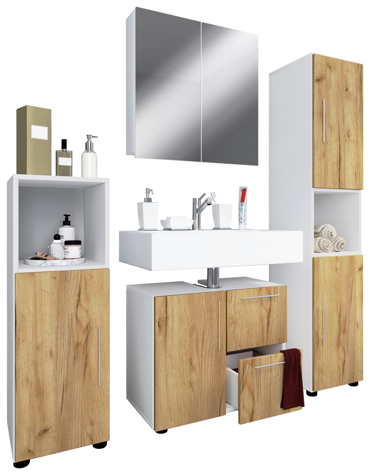 Badmöbel-Set 4-Tlg. Flandu B: 123 cm Weiß/Eiche Dekor - Honigeiche/Schwarz, MODERN, Holzwerkstoff/Kunststoff (123cm) - MID.YOU