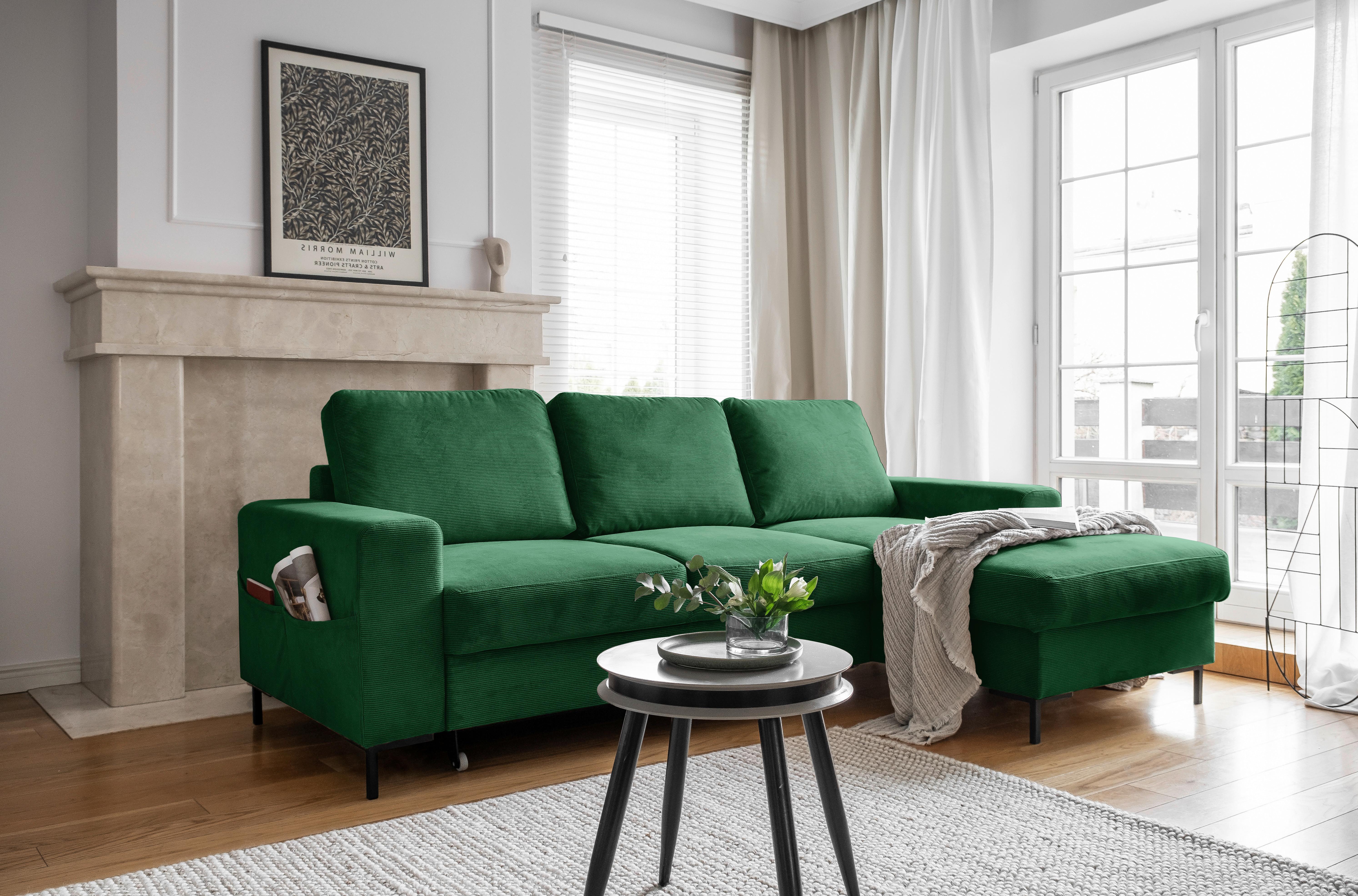 Rohová sedačka LEONIE, pravá, smaragdově zelený manšestr - černá/smaragdově zelená, Design, kov/dřevo (236/148cm)