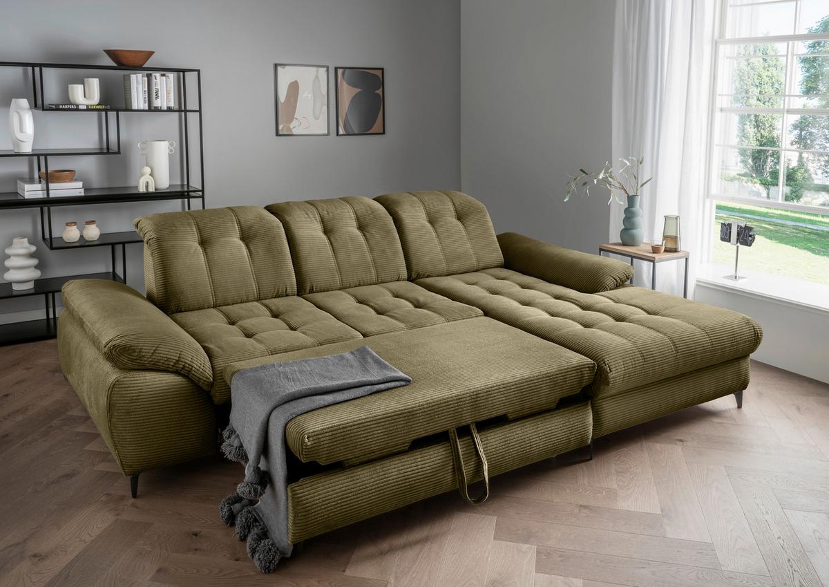 Eckschlafsofa Delphino Goldfarben S: 273x189 cm - Schwarz/Olivgrün, MODERN, Textil (273/189cm) - Livetastic