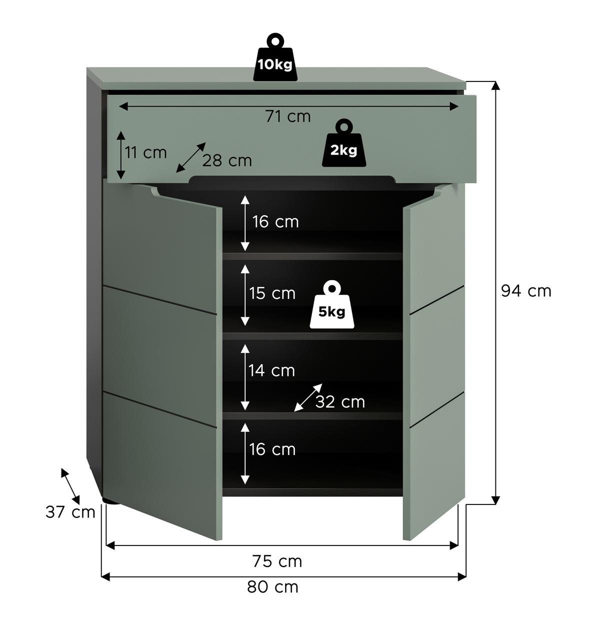 Schuhschrank Canu Grün/Grau B: 80 cm - Schwarz, Design, Holzwerkstoff (80/94/37cm) - Livetastic