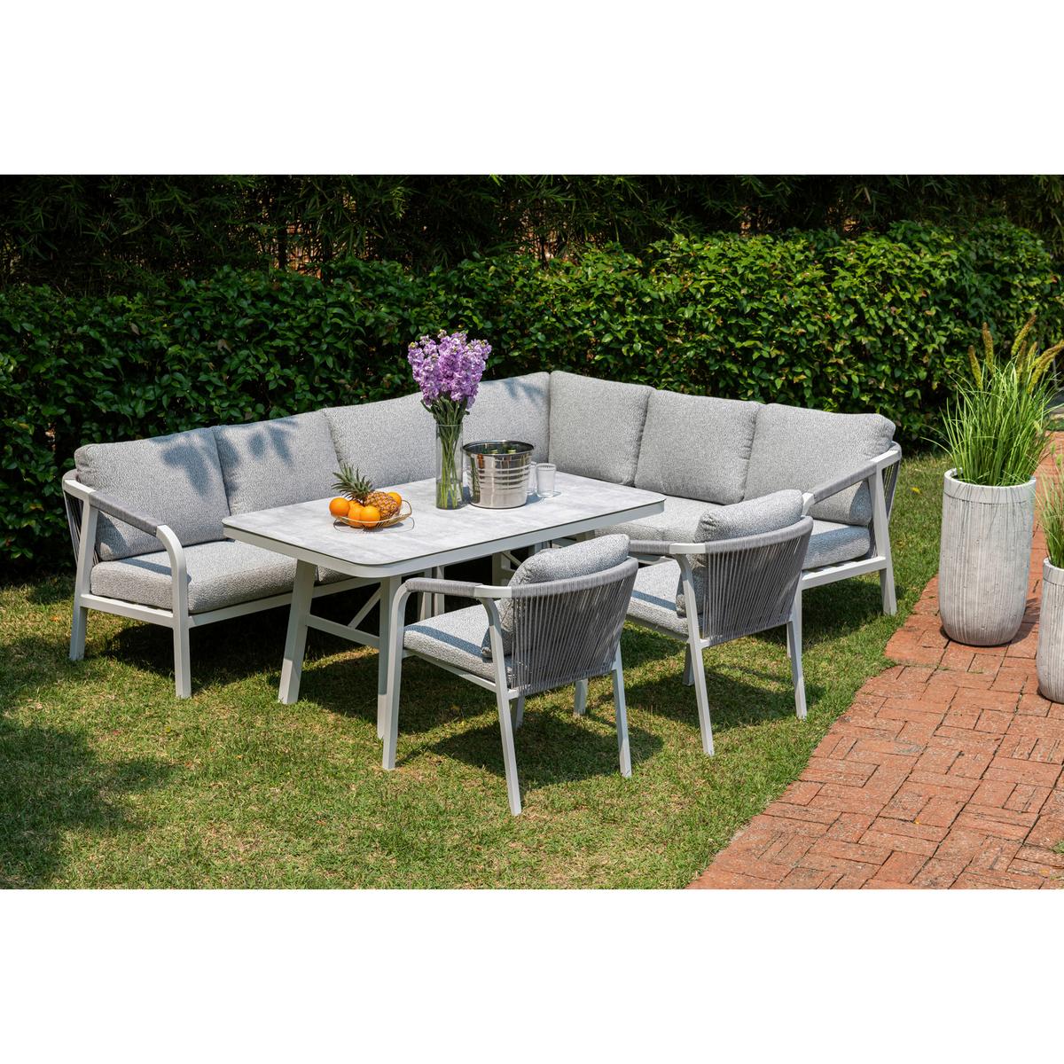DINING-LOUNGESET HARVEY XL - Weiß/Grau, MODERN, Glas/Textil - Gardenson