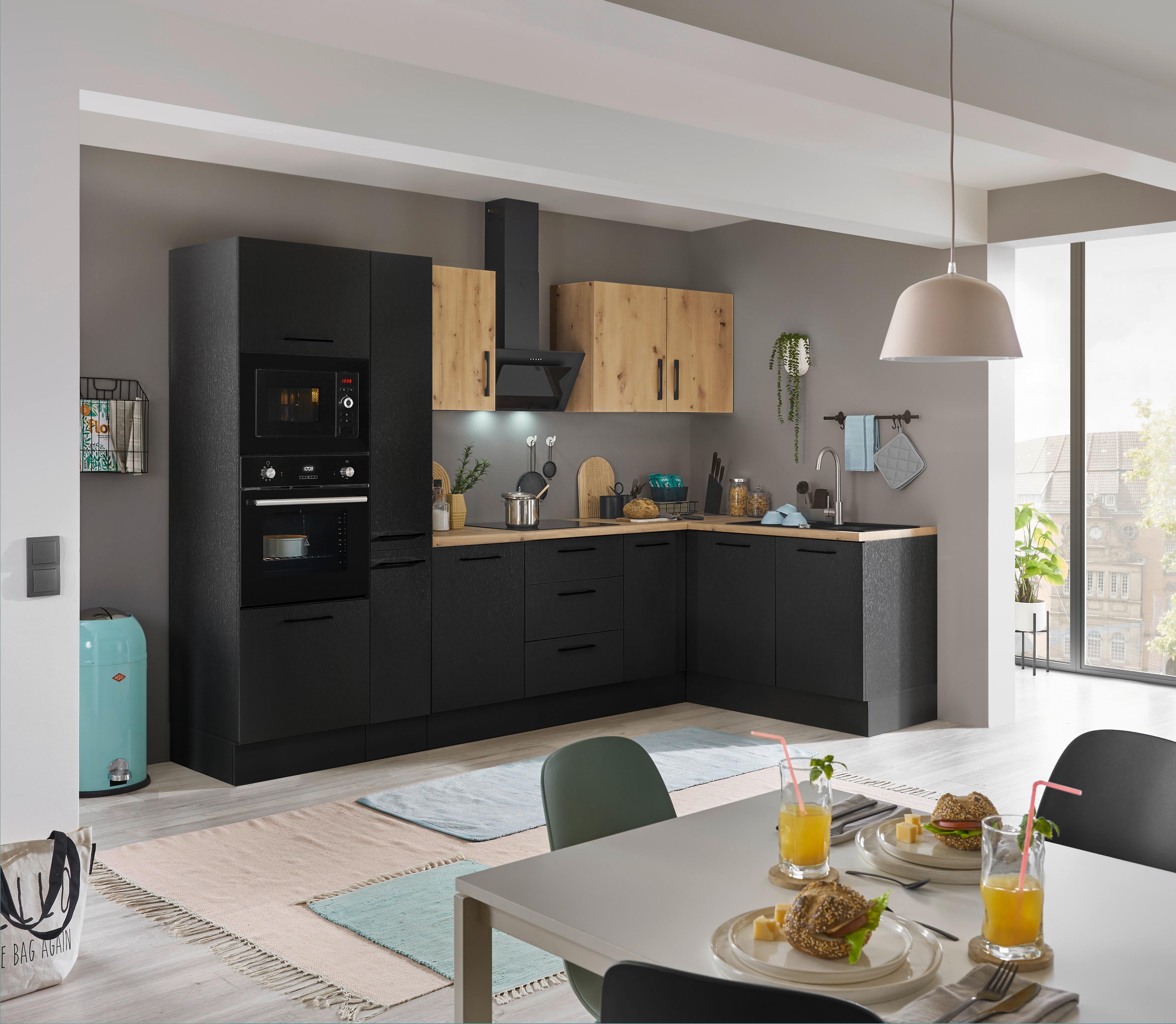 Eckküche Turin Schwarz/Eiche Dekor 300x165 cm - Schwarz/Eiche Artisan, Basics, Holzwerkstoff (300/165cm) - MID.YOU