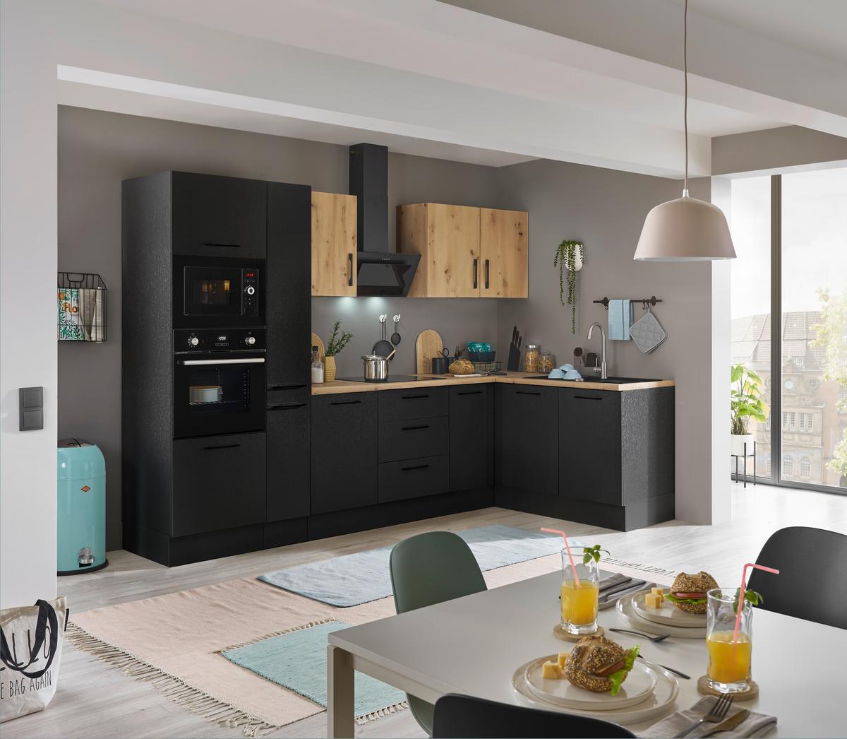 Eckküche Turin Schwarz/Eiche Dekor 300x165 cm - Schwarz/Eiche Artisan, Basics, Holzwerkstoff (300/165cm) - MID.YOU