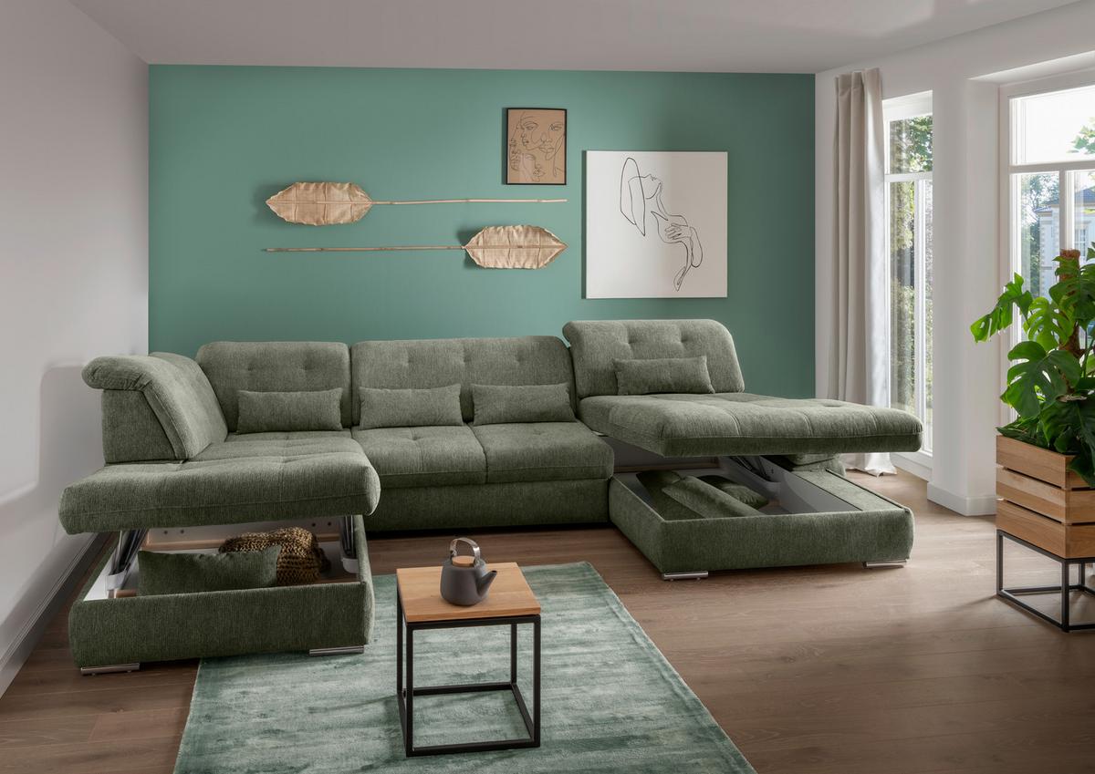 Wohnlandschaft Dalida Dunkelgrün U: 254x376x195 Cm - Chromfarben/Dunkelgrün, Design, Textil (254/376/195cm) - Livetastic