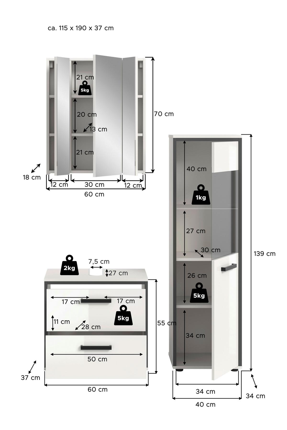 Badezimmer Kojak Schwarz/weiß K: 100 Cm - Weiß Hochglanz/Schwarz, MODERN, Holzwerkstoff (100cm) - MID.YOU