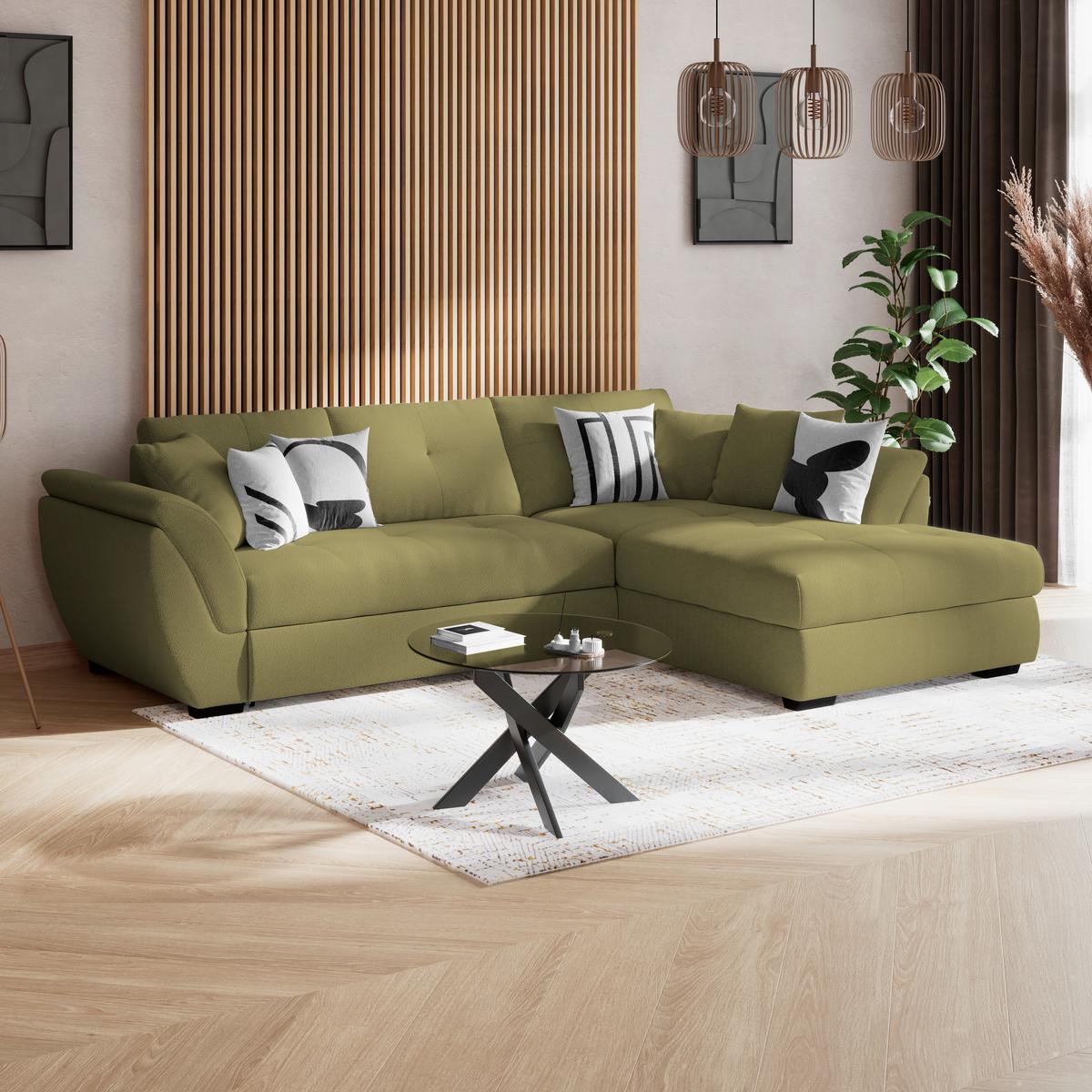 Rohová sedačka BERISSO, pravá, zelená - čierna/zelená, Konventionell, textil (278/187cm) - Ondega