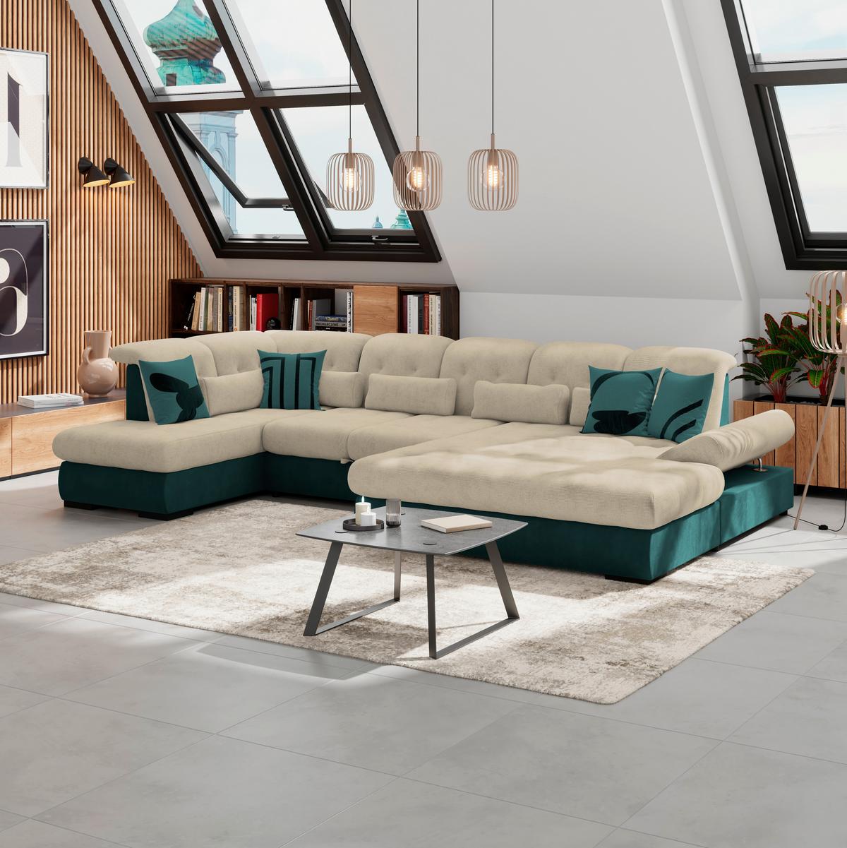 Wohnlandschaft Madera Cremefarben U: 212x358x190 cm - Türkis/Creme, KONVENTIONELL, Kunststoff/Textil (212/358/190cm)