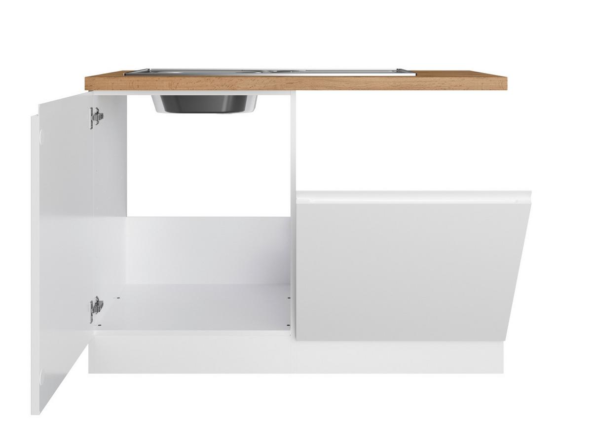 Spülenunterschrank Monza B: 120 cm Weiß/Eiche Dekor - Weiß Hochglanz/Eiche Wotan, LIFESTYLE, Holzwerkstoff (120/86/60cm) - Held