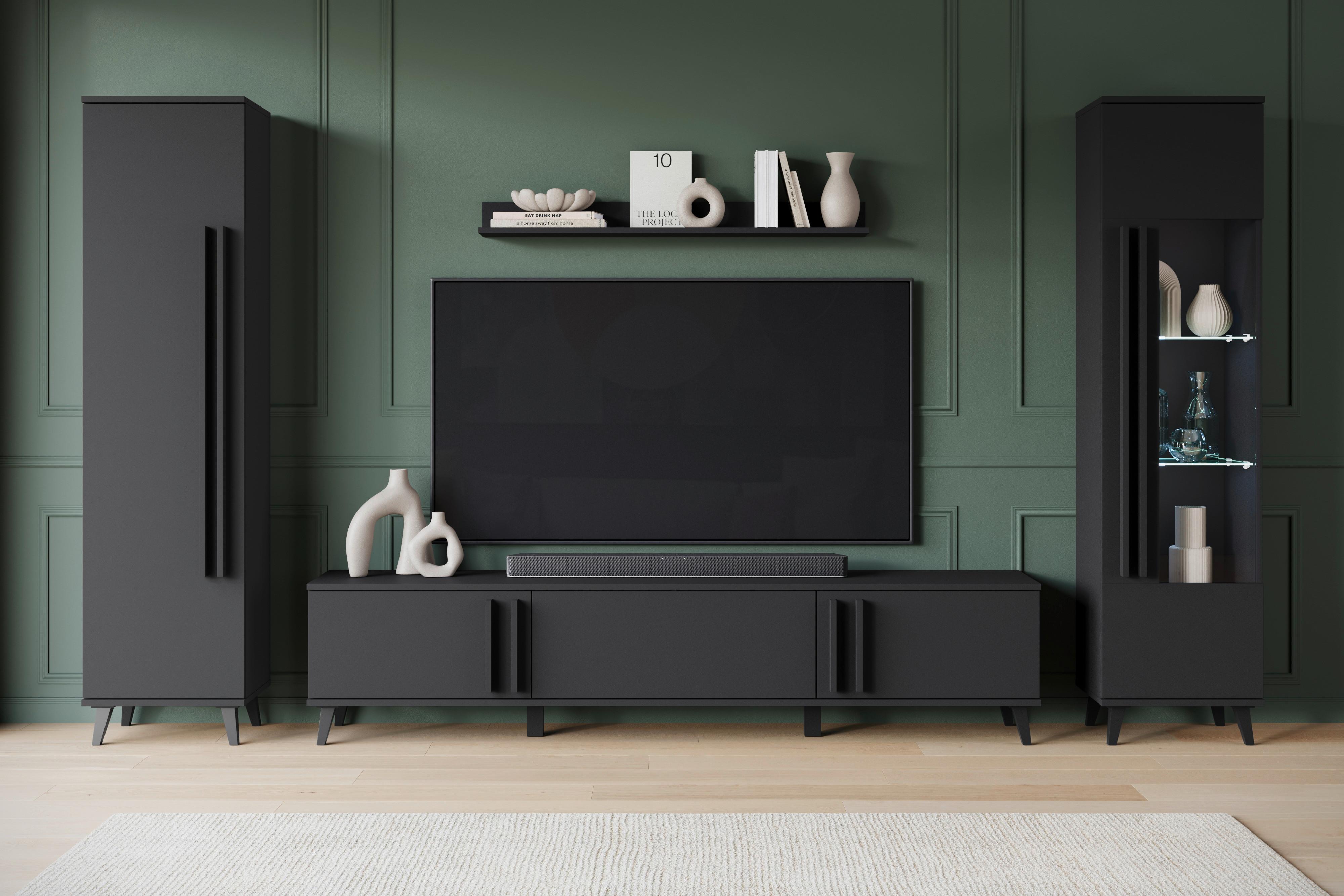 Wohnwand Helsinki 02 Schwarz B: 260 cm - Schwarz, Trend, Glas/Holzwerkstoff (260/159,5/33cm)