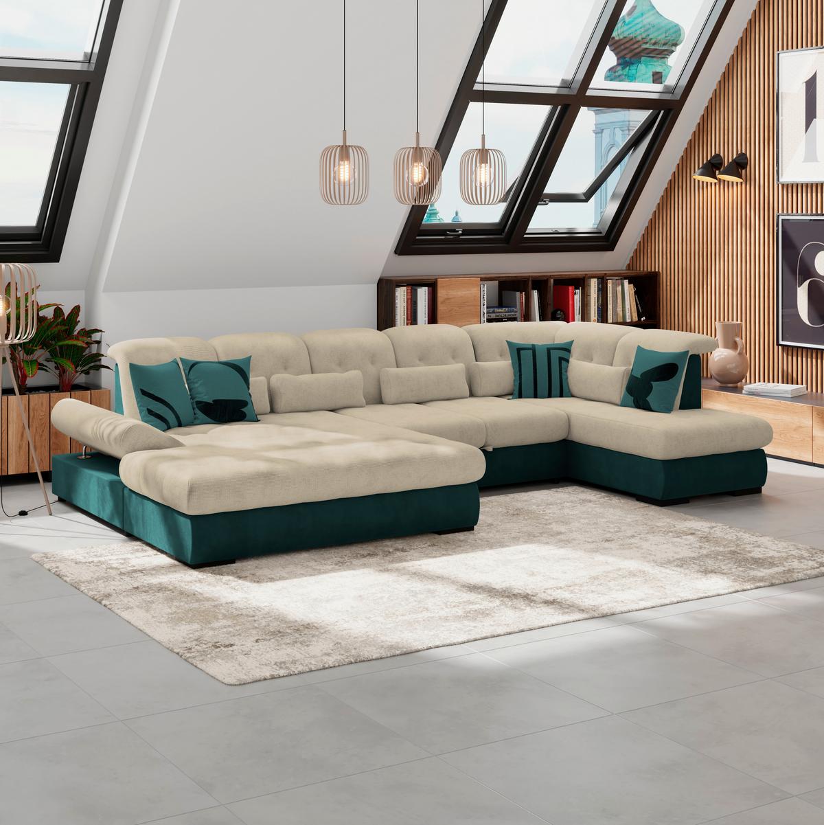 Wohnlandschaft Madera Cremefarben S: 358x212 Cm - Türkis/Creme, KONVENTIONELL, Kunststoff/Textil (190/358/212cm)