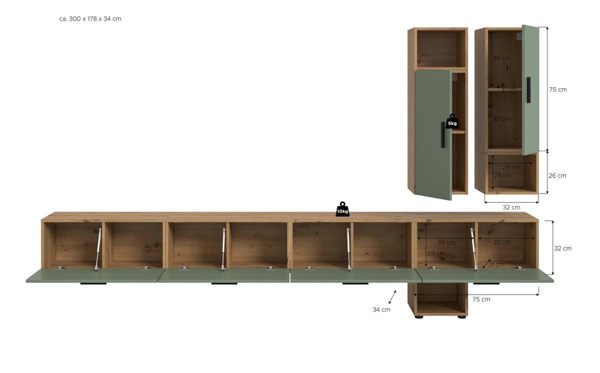 Wohnwand, The ONE 7, B: 300 cm Olivgrün/Artisan Eiche Dekor - Schwarz/Weiß, Trend, Holzwerkstoff (300/178/34cm)