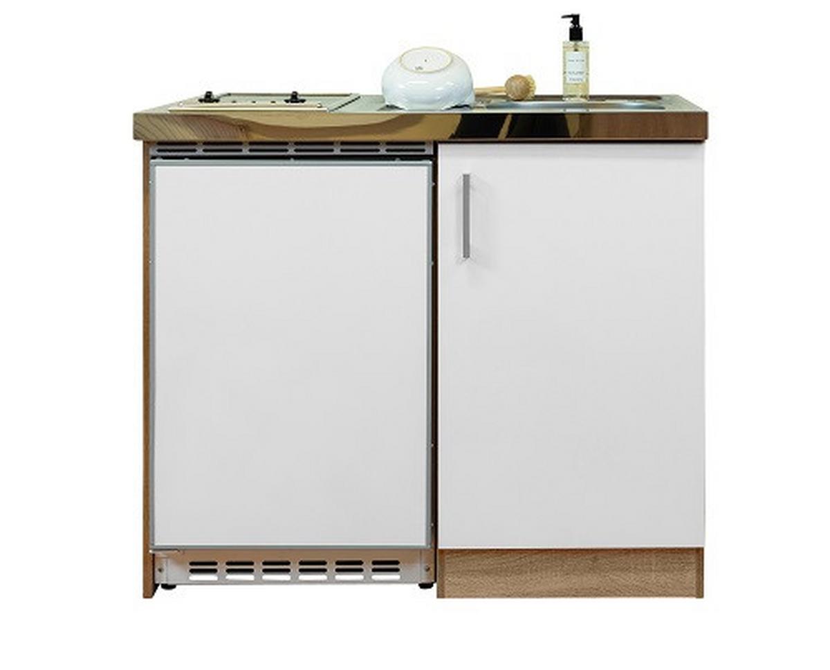 Miniküche Mit Kühlschrank + Kochfeld 100 Cm Weiß/eiche - Edelstahlfarben/Eichefarben, MODERN, Holzwerkstoff/Metall (100cm) - Respekta