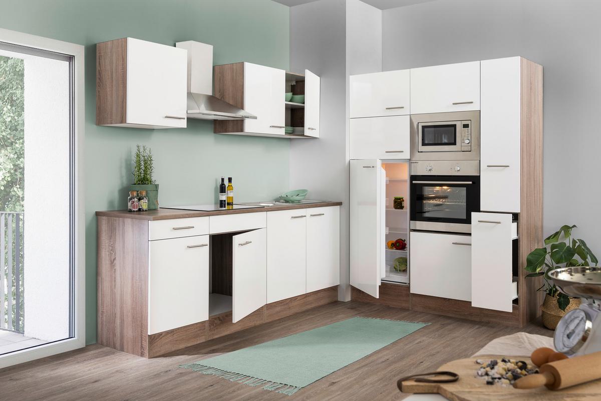 Küchenzeile ohne Geräte B: 360 cm Weiß/Eiche Dekor, Modern - Eichefarben/Weiß, Basics, Holzwerkstoff (360cm) - Respekta
