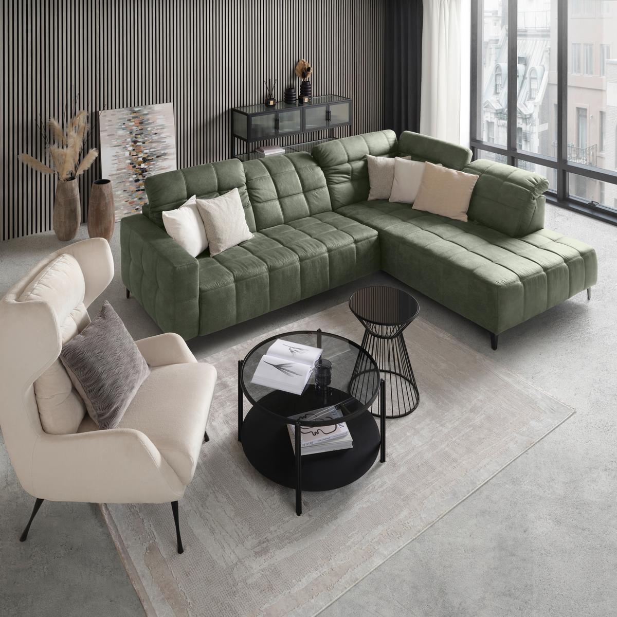 Rohová sedačka PANAMA, pravá, olivovozelená - olivovozelená/čierna, Konventionell, kov/textil (304/89-102/216cm) - Premium Living