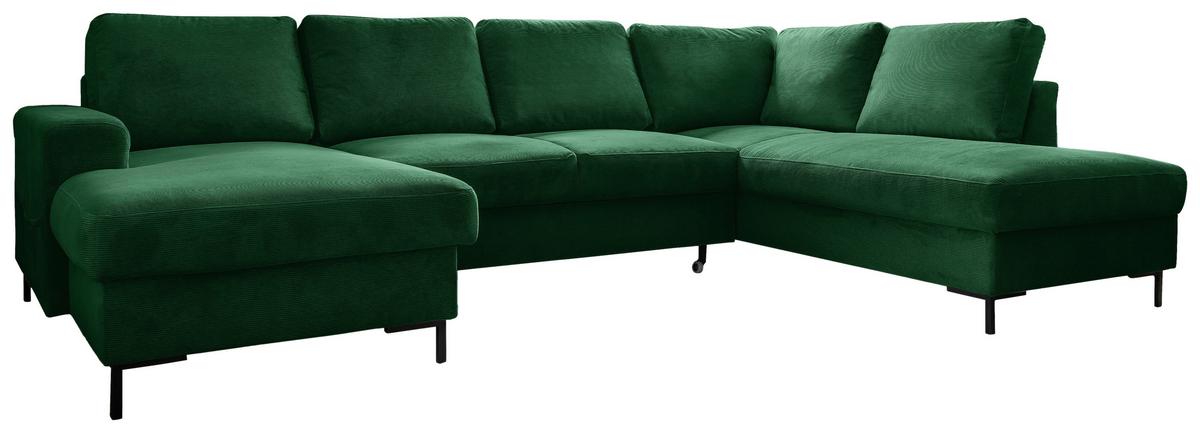 Sedačka LEONIE U, pravá, smaragdovozelený menčester - čierna/smaragdovozelená, Design, kov/drevo (148/303/197cm)