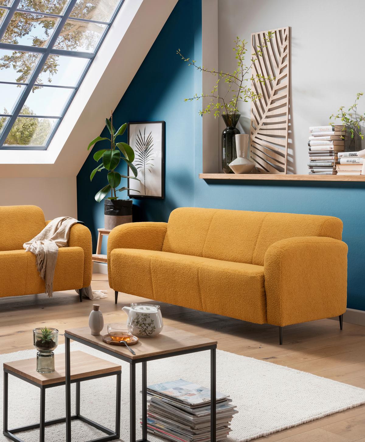 3-Sitzer-Sofa Marone Gelb Teddystoff - Gelb/Schwarz, MODERN, Textil (180/76/90cm) - Livetastic