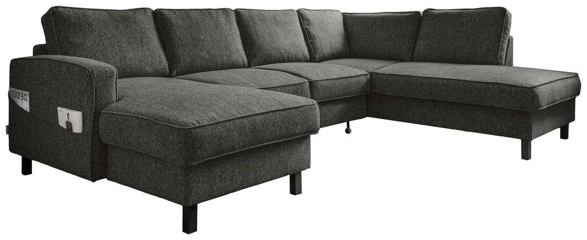 Sedačka MELANIE U, pravá, tmavosivá, úl.priestor a lôžko - čierna/tmavosivá, drevo/textil (148/298/198cm) - MID.YOU