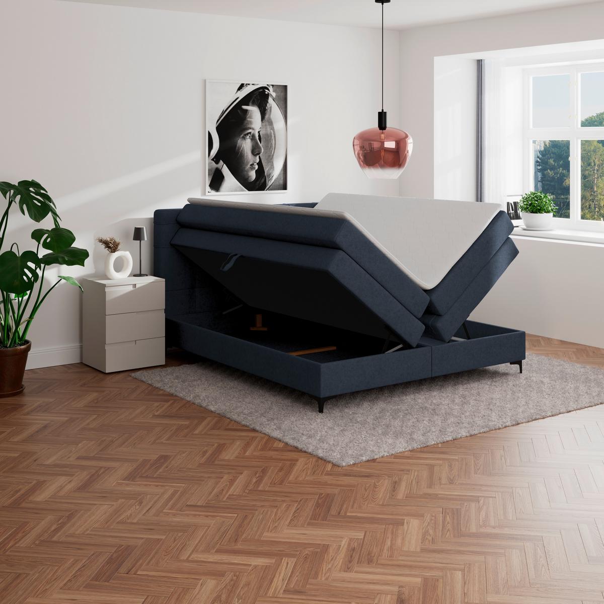 Boxspringbett MITTO Dunkelblau 200x200 cm - Schwarz/Dunkelblau, KONVENTIONELL, Textil/Metall (200/200cm)