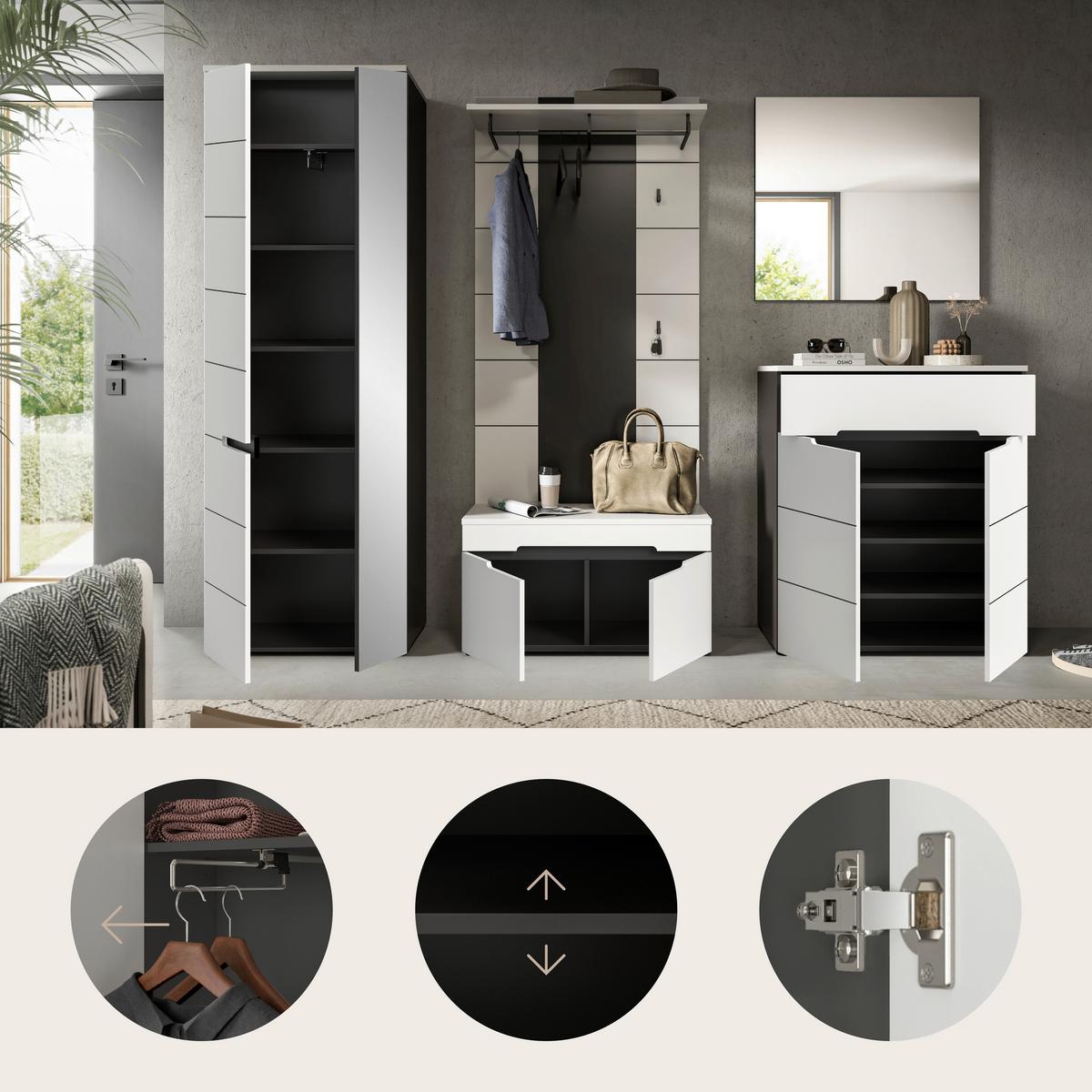 Garderobe Canu 5-Teilig Grau/Weiß B: 255 cm - Weiß/Grau, Design, Holzwerkstoff (255/190/37cm) - Livetastic