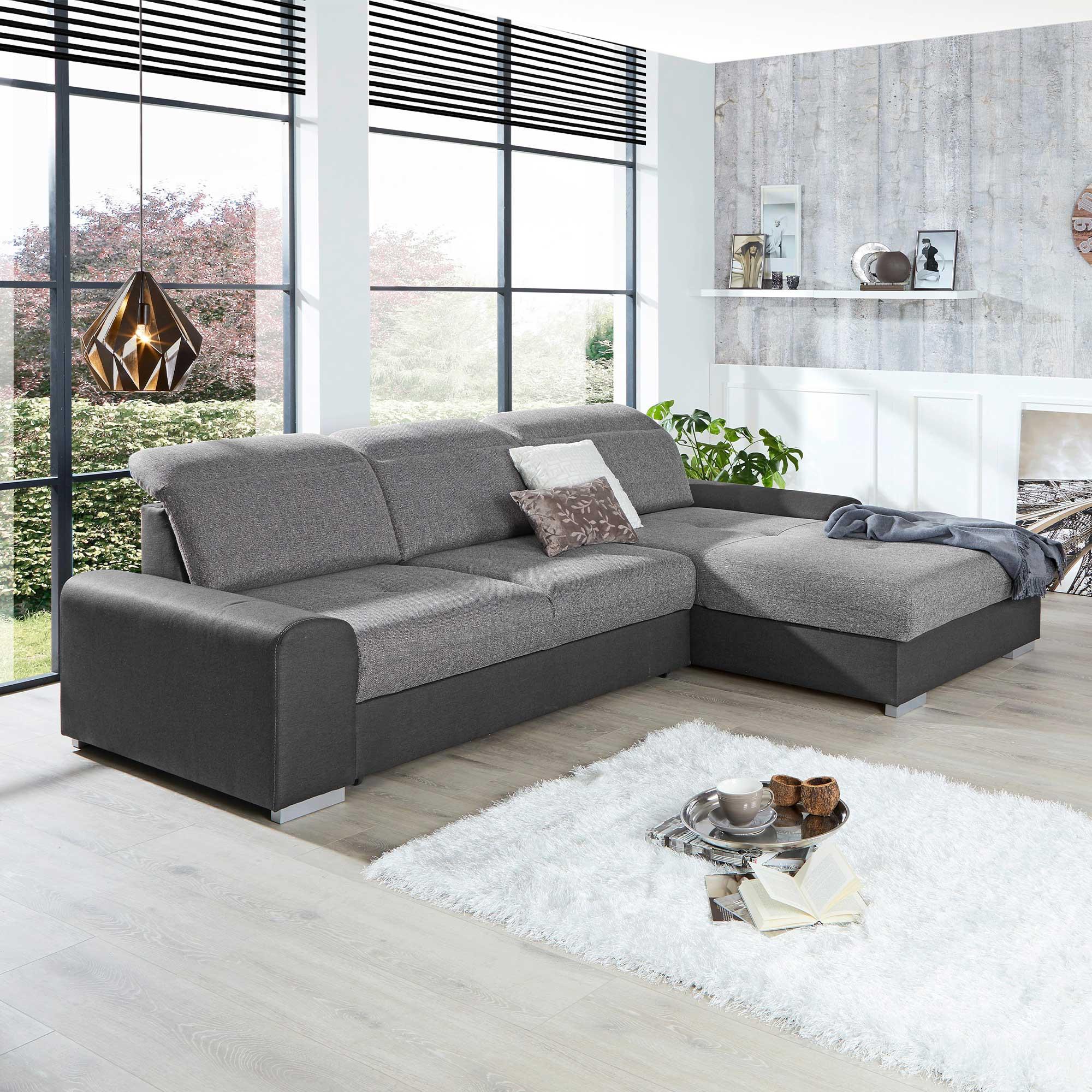 Ecksofa mit Schlaffunktion + Bettkasten Malaga, Webstoff - Silberfarben/Graphitfarben, KONVENTIONELL, Textil (286/203cm) - Ondega