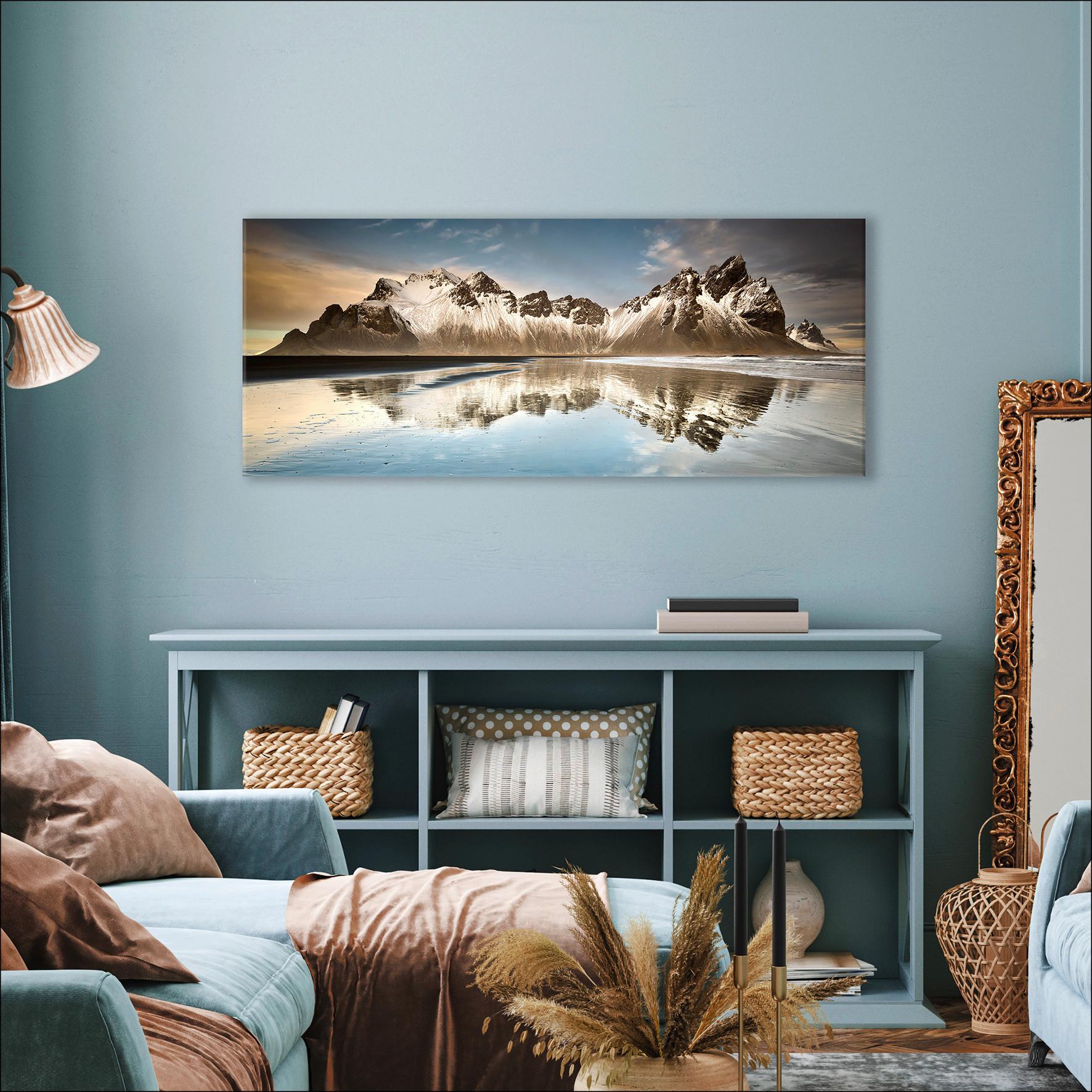 Wandbild Reflections Berglandschaft 117x49 cm - Blau/Anthrazit, Basics, Holzwerkstoff (117/49/1,9cm)