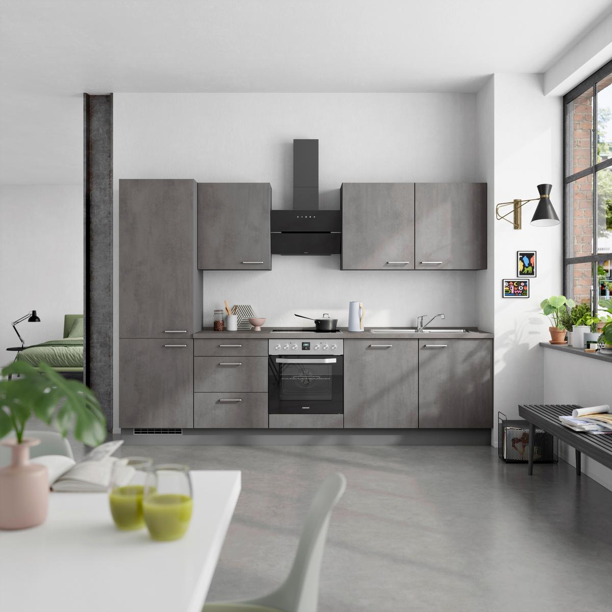 Kuchynská linka 300 cm, bridl.šedý betón/bridl.šedá - farba ušľachtilej ocele/bridlicová, Modern, kov/kompozitné drevo (300cm) - Nobilia