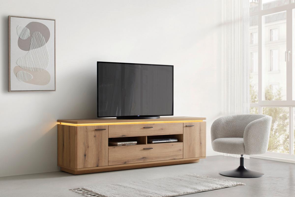 KOMODA POD TELEVIZI ALAMEDA -TOP- -BASED- - barvy dubu/antracitová, Moderní, kov/kompozitní dřevo (210/65/50cm) - Based